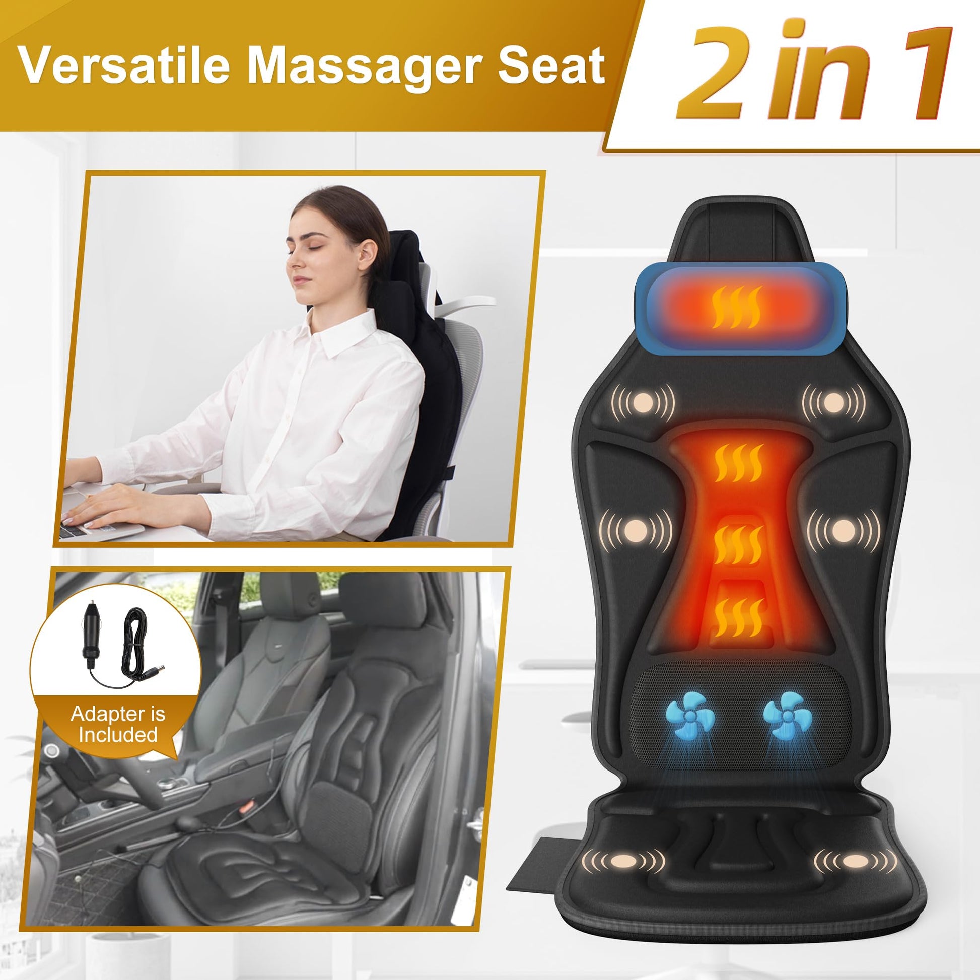comrelax Masajeador de Espalda con Calor para aliviar el Dolor de Tejido Profundo, cojín de Asiento de masajeador de Silla portátil con Masaje de vibración, Almohadilla de Silla de Masaje de Espalda