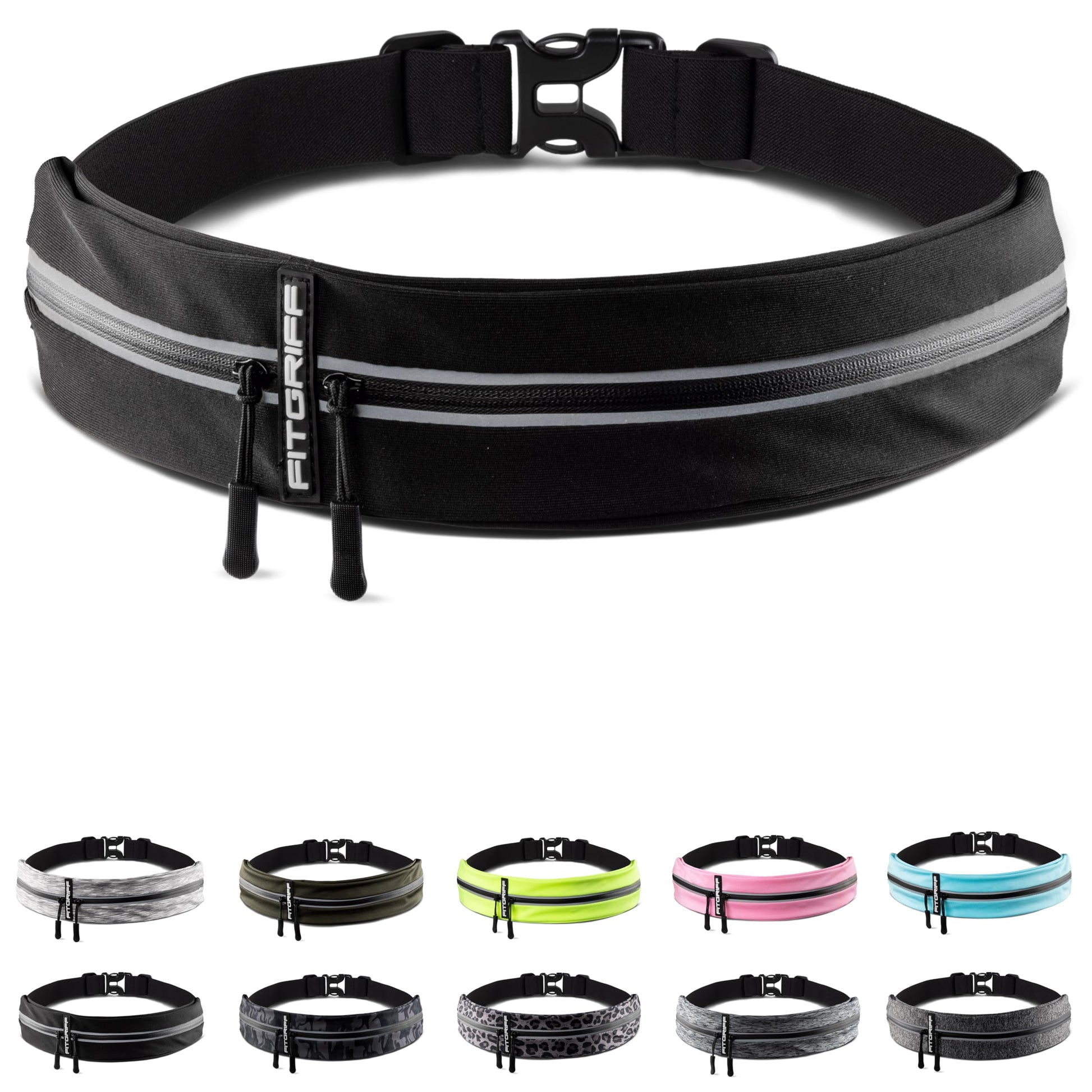 Fitgriff® - Cinturón de correr para hombres y mujeres, bolsa de correr segura para teléfono, llaves y esenciales, para todos los teléfonos celulares, Negro -, Small - Medium, Corte entallado