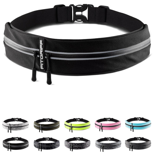Fitgriff® - Cinturón de correr para hombres y mujeres, bolsa de correr segura para teléfono, llaves y esenciales, para todos los teléfonos celulares, Negro -, Small - Medium, Corte entallado