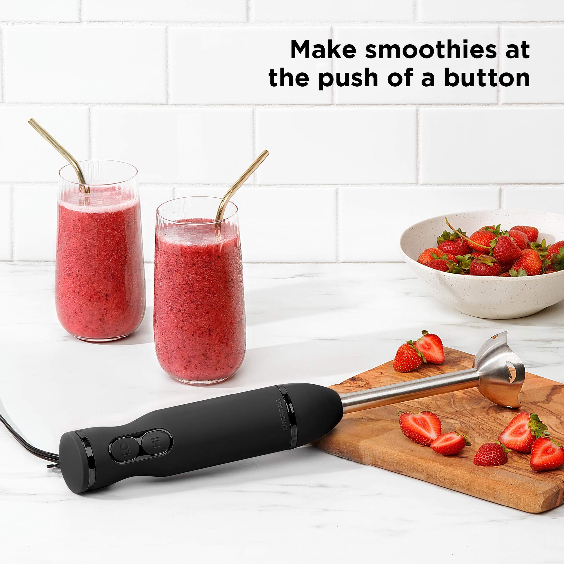 Chefman - Batidora de mano de inmersión, eléctrica, potente, cuchillas de acero inoxidable, para triturar hielo, control de 2 velocidades, para purés, batidos, malteadas, salsas, sopas, color negro