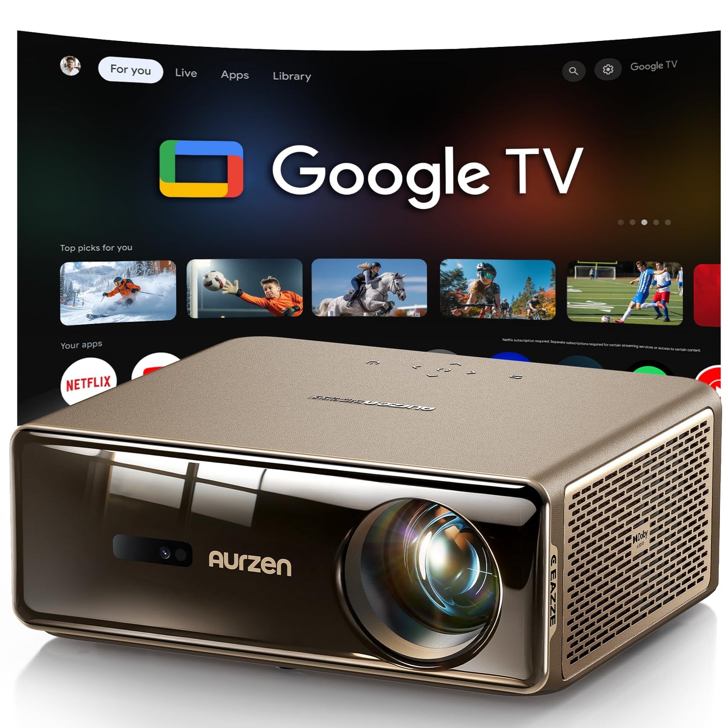 Aurzen EAZZE D1 MAX - Proyector inteligente de Google TV actualizado compatible con 4K, ultra brillante 1000 lúmenes ANSI, tecnología MEMC, totalmente automático, audio DoIby de 20 W, proyector de