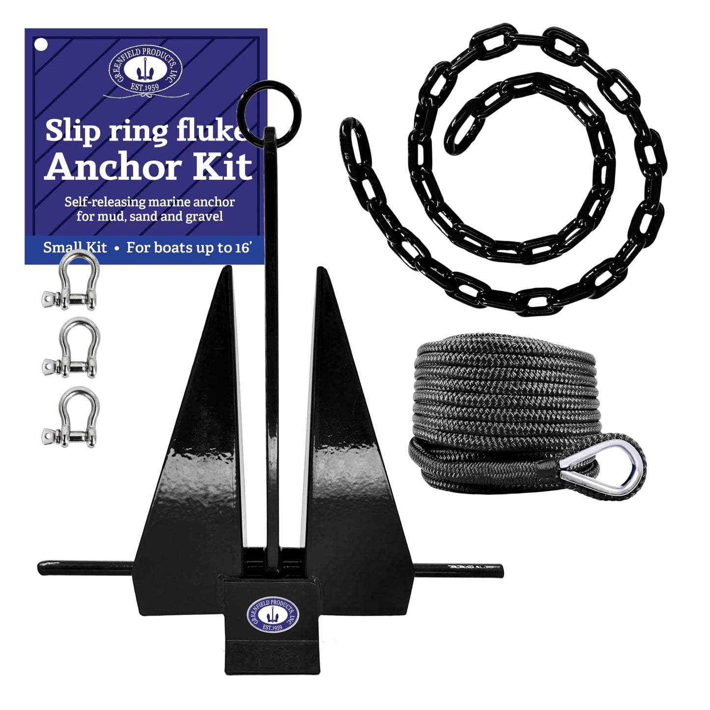 Greenfield Kit completo de anclaje para barco (hasta 16 pies y 24 pies) viene con anclaje Fluke, cadena de anclaje, cuerda de anclaje, grilletes. Kit Fluke recubierto negro. Accesorios para