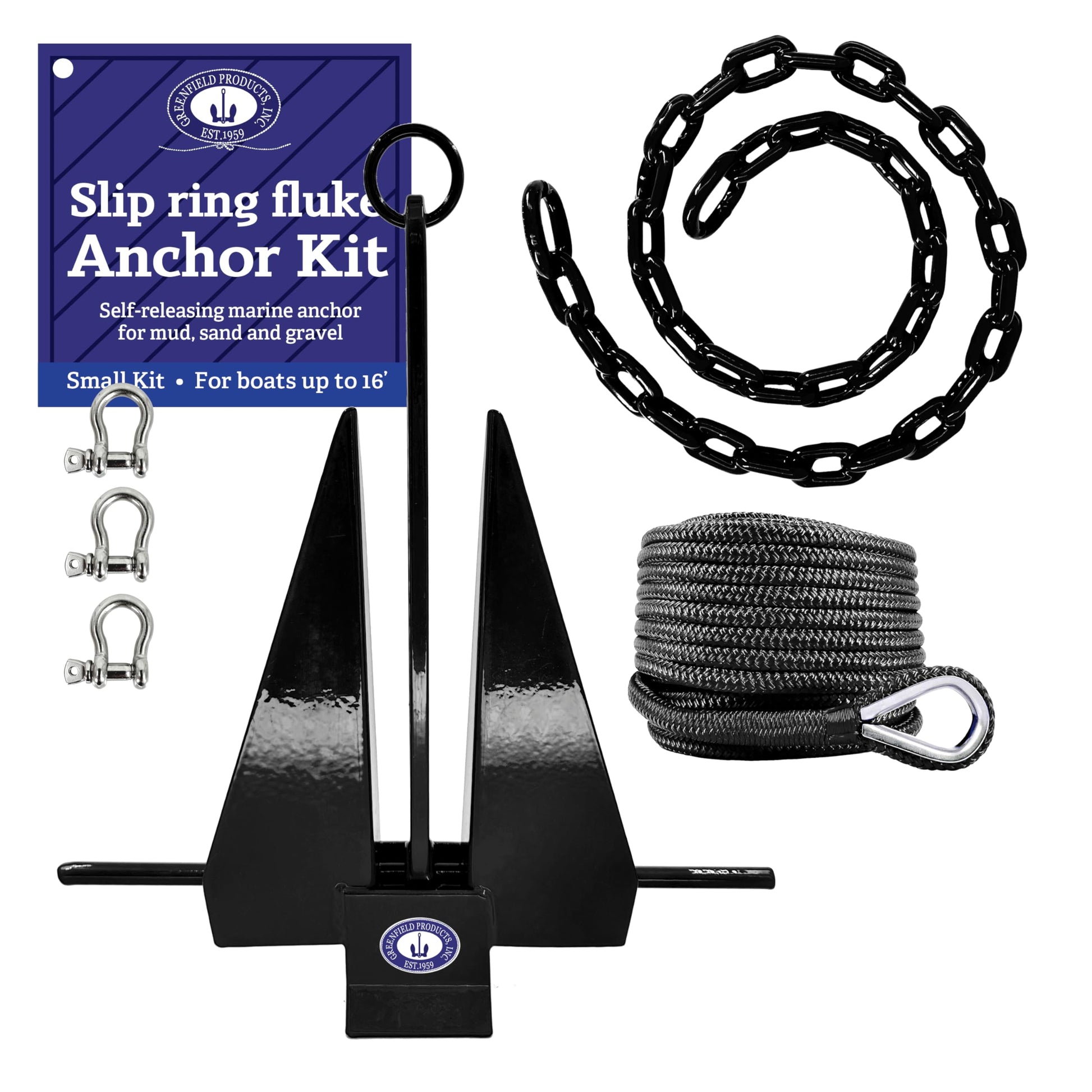 Greenfield Kit completo de anclaje para barco (hasta 16 pies y 24 pies) viene con anclaje Fluke, cadena de anclaje, cuerda de anclaje, grilletes. Kit Fluke recubierto negro. Accesorios para