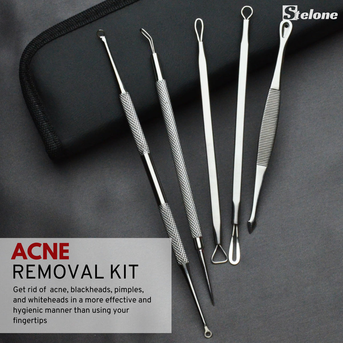Stelone Kit de Extracción de Espinillas - Herramientas Profesionales para Puntos Negros Y Acné En Rostro Y Cuerpo - Set de Extracción de Comedones de Acero Inoxidable con Estuche