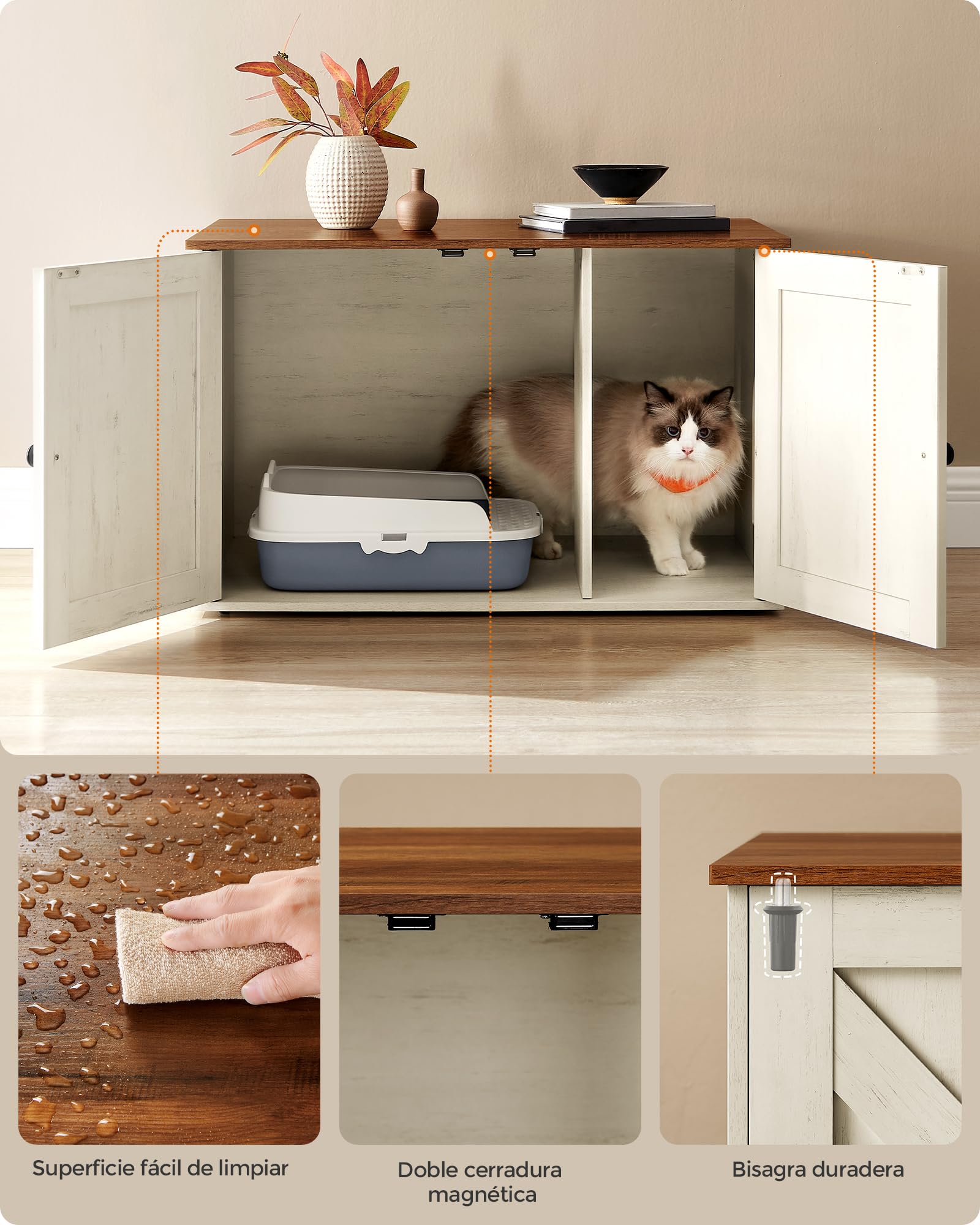 Feandrea Arenero para Gatos, Caja de Arena Oculta, con Separador Extraíble, 80 x 53 x 50 cm, Marrón Miel y Blanco Rústico MPCL002P01
