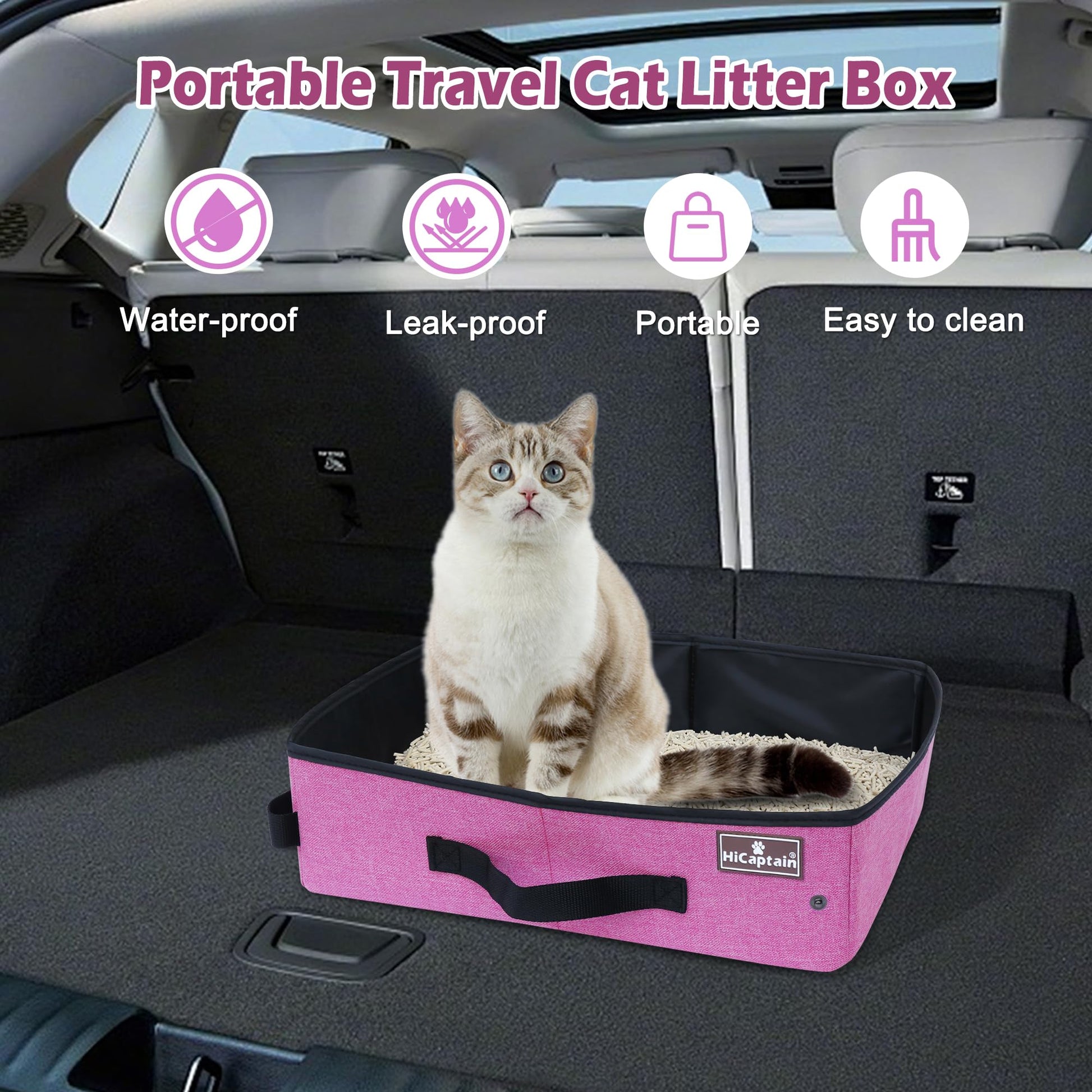 HiCaptain - Caja de arena portátil de viaje para gatos, caja de arena plegable a prueba de fugas para viajar en coche, bandeja plegable para gatos medianos, resistente, ligero y rosa