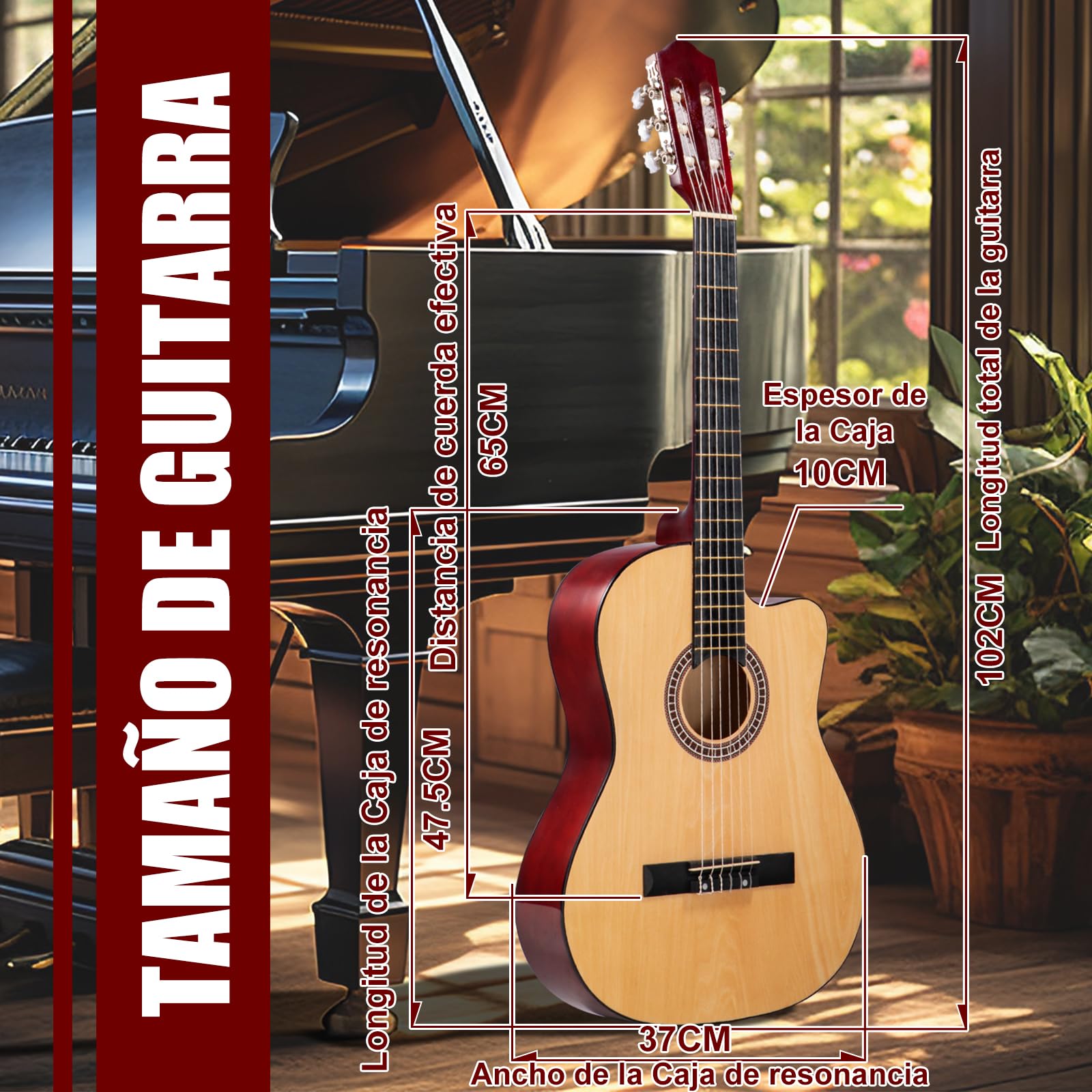 Guitarra Acústica de 39 Pulgadas, Guitarra Clasica 6 Cuerdas Incluye Kit de Accesorios, Bolsa para Guitarra, Correa, Golpeador, Plumillas, Afinador y Más