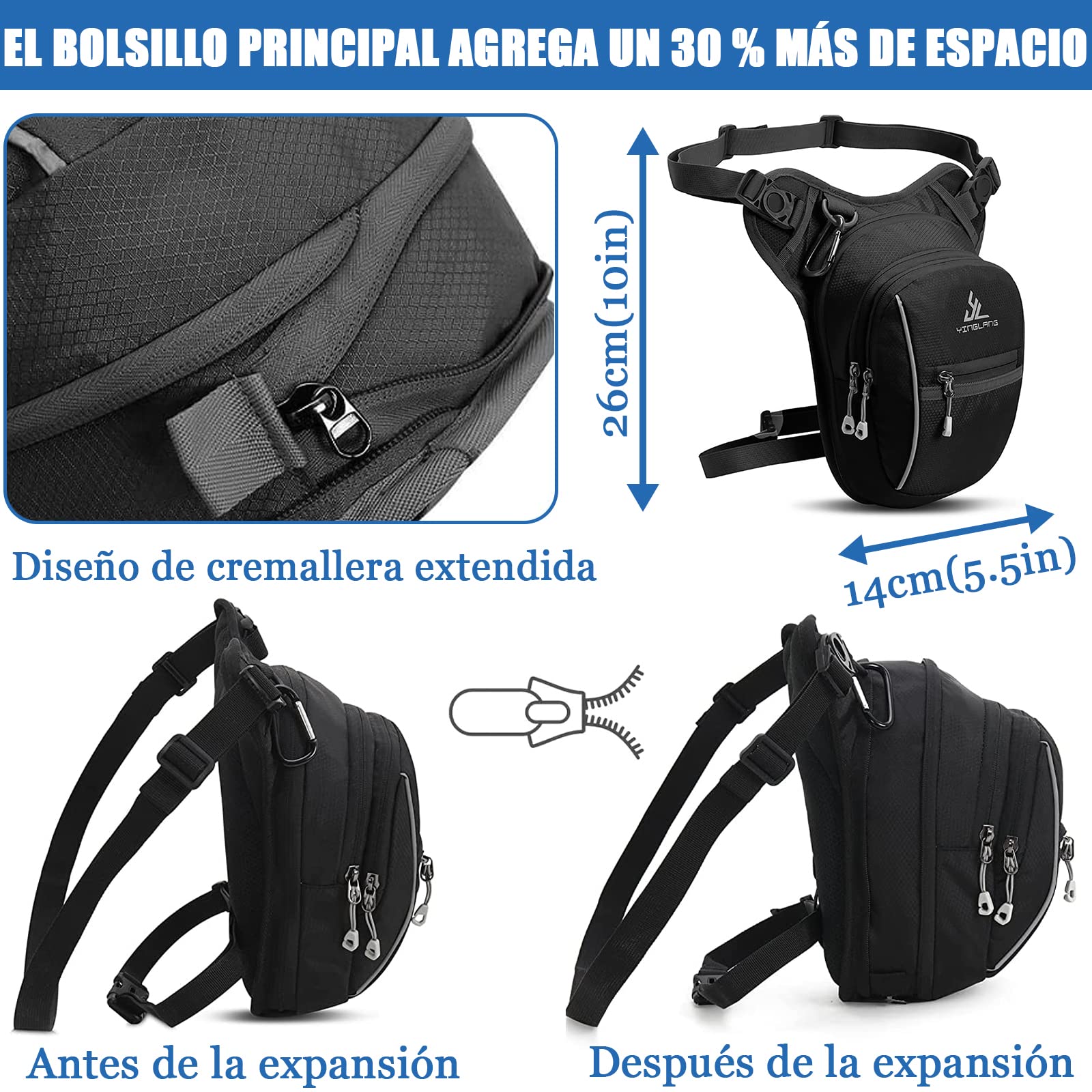 Cangurera Deportiva de Viaje, Bolsa de Pierna, Hombre riñonera Mujer, Cintura Pack Bolso de Paquete Tela Impermeable Amplia Capacidad, 3 bolsillos y 1 extensión con cremallera para Ciclismo Correr…