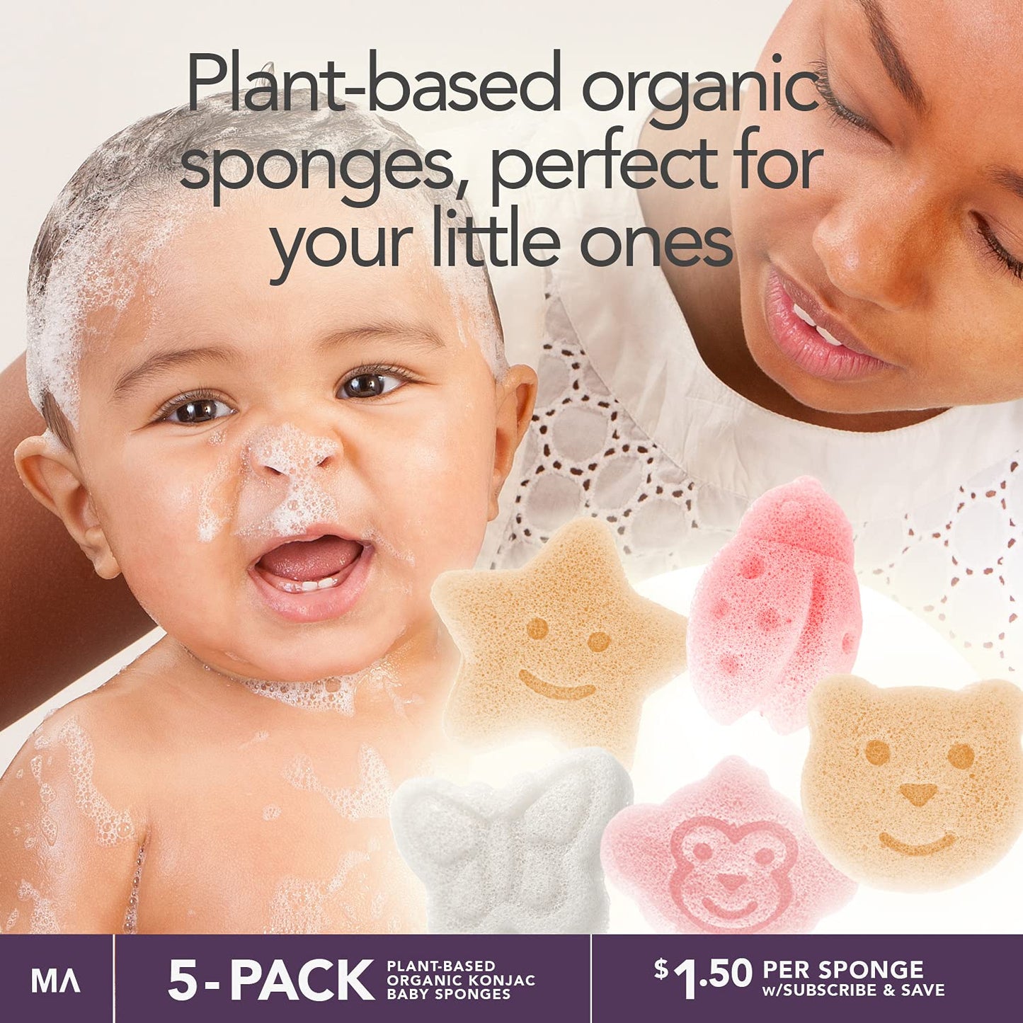 Konjac - Esponja para bebé para bañarse, formas naturales lindas, esponjas de baño para niños, hora del baño de niños pequeños, segura a base de plantas orgánicas, juego de 5 piezas: oso, mono, mariposa, mariquita, estrella