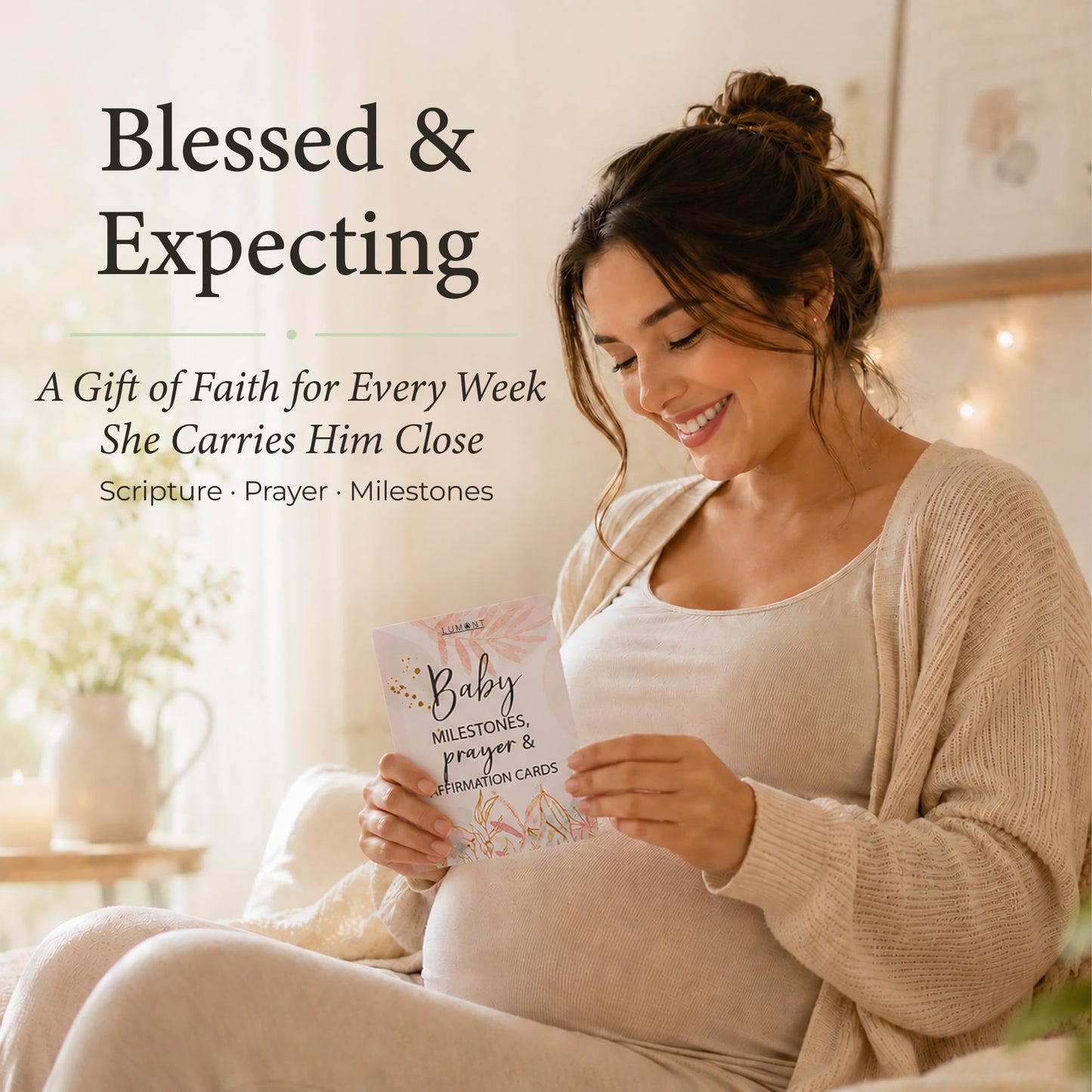 Lumont Baby - Tarjetas de hito mensuales, tarjetas de oración y tarjetas de afirmación positiva para mujeres, esenciales posparto, regalos para nuevas madres para mujeres después del nacimiento,