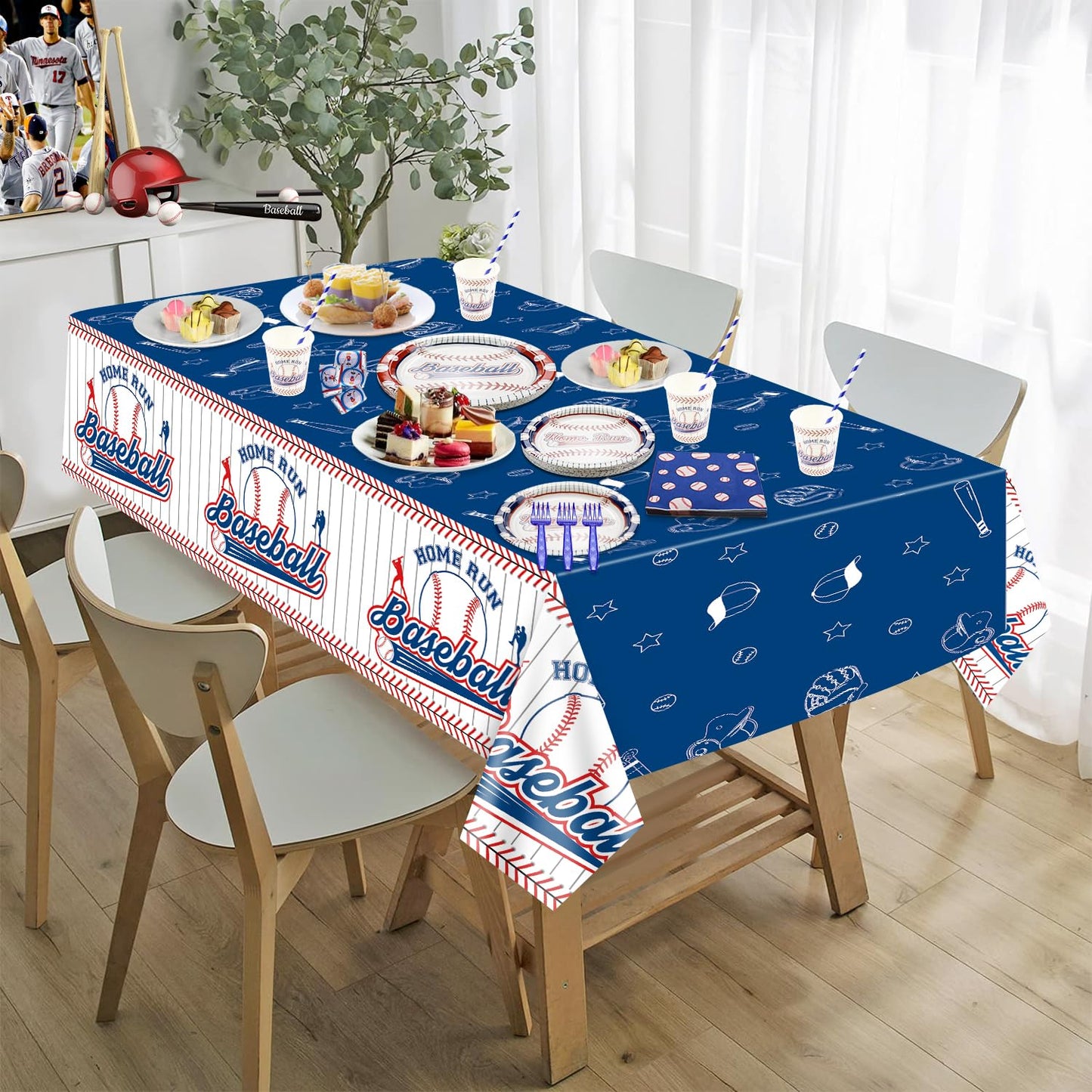 Decoraciones para fiestas de béisbol, 81 juegos de platos y servilletas de béisbol, mantel, tenedores azules para fanáticos de los deportes, suministros para fiestas de cumpleaños para niños y