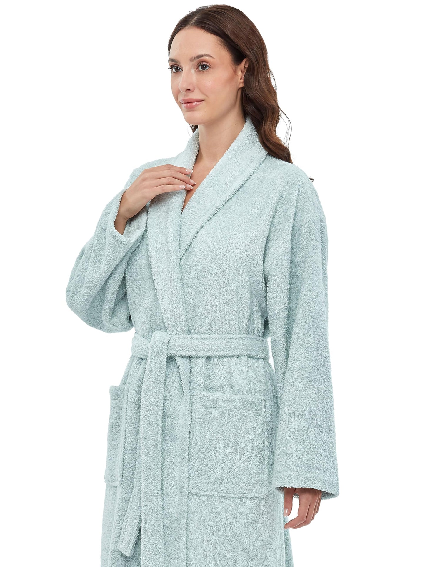 Arus Bata de mujer con cuello chal, bata de baño de algodón turco de felpa, largo hasta el suelo, color verde menta, talla L/XL