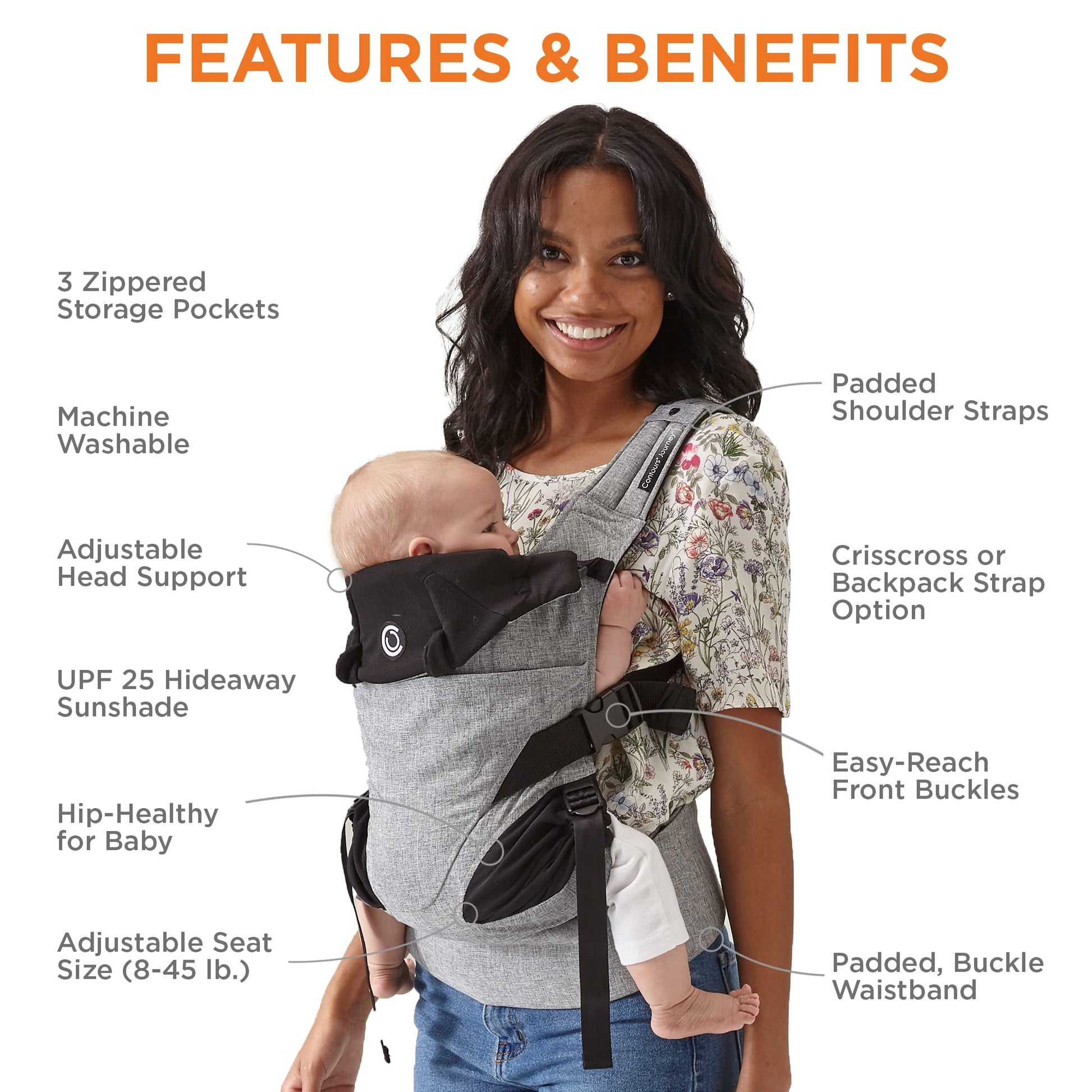 Contours Portabebés de recién nacido a niños pequeños | Journey 5 posiciones convertible fácil de usar con bolsillos para hombres y mujeres, cara en, cara hacia fuera, parte delantera, espalda y