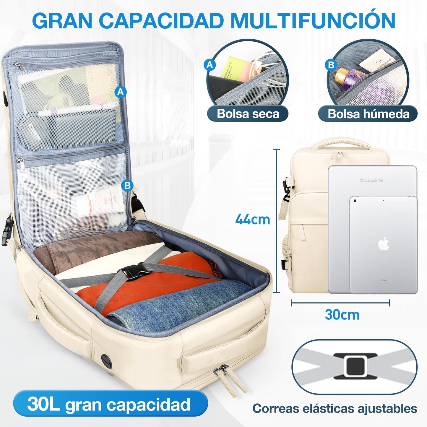 Mochila de Viaje para Laptop 15,6 Pulgadas Beige Impermeable de Gran Capacidad para Hombres y Mujeres