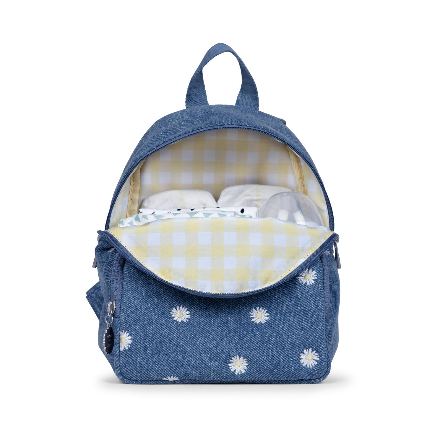 JuJuBe - Mochila de viaje lavable a máquina con correas ajustables y 2 bolsillos para biberones, pañales, chupetes, aperitivos, cambiador y artículos esenciales diarios, mezclilla y margaritas (azul)