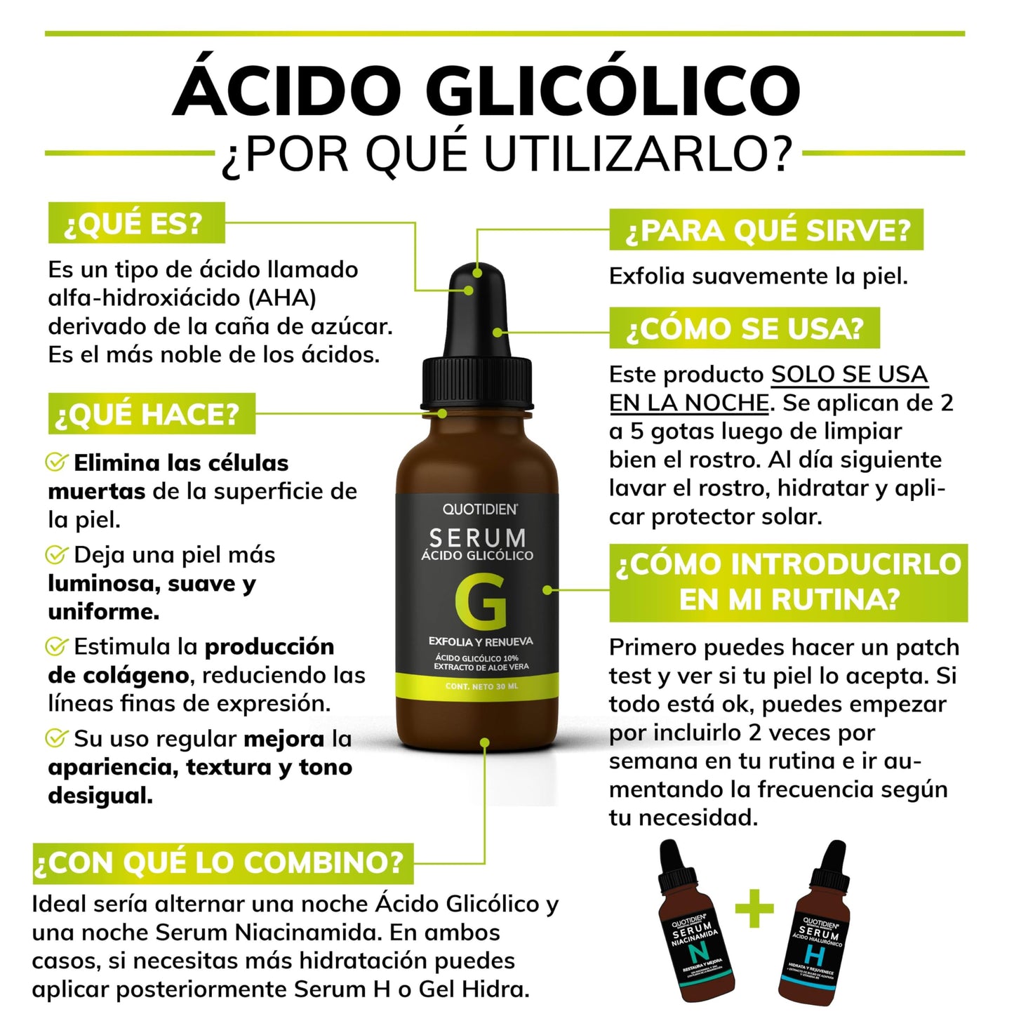 Serum Quotidien Acido Glicolico Aloe Vera Glicerina Exfoliación Efectiva Todo Tipo de Piel