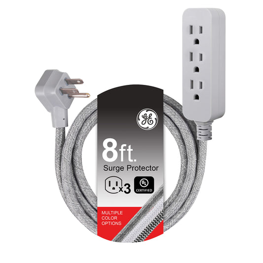GE Pro Tira Multicontactos De 3 Salidas con Supresor de Picos, Enchufe Plano, Cable De Extensión Trenzado De 2.4 m (8 Pies) 250 Julios, Conectado a Tierra Certificacion UL, Gris, 1 Unidad 45916