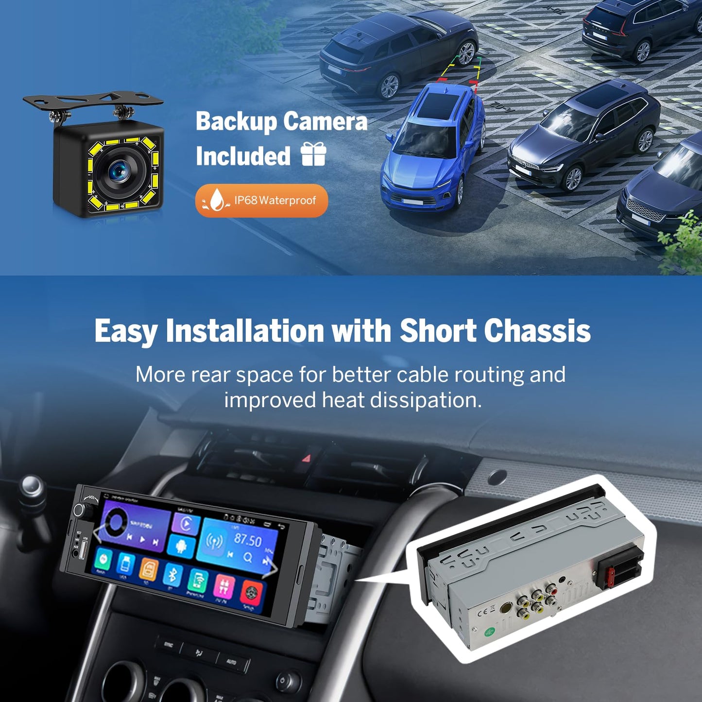 Eonon - Estéreo de coche DIN único de 6.4 pulgadas, inalámbrico CarPlay y Android Auto, visualización táctil IPS (1280 x 480), ST TDA7851 Amp, cámara de respaldo, control de dirección, Bluetooth 5.3