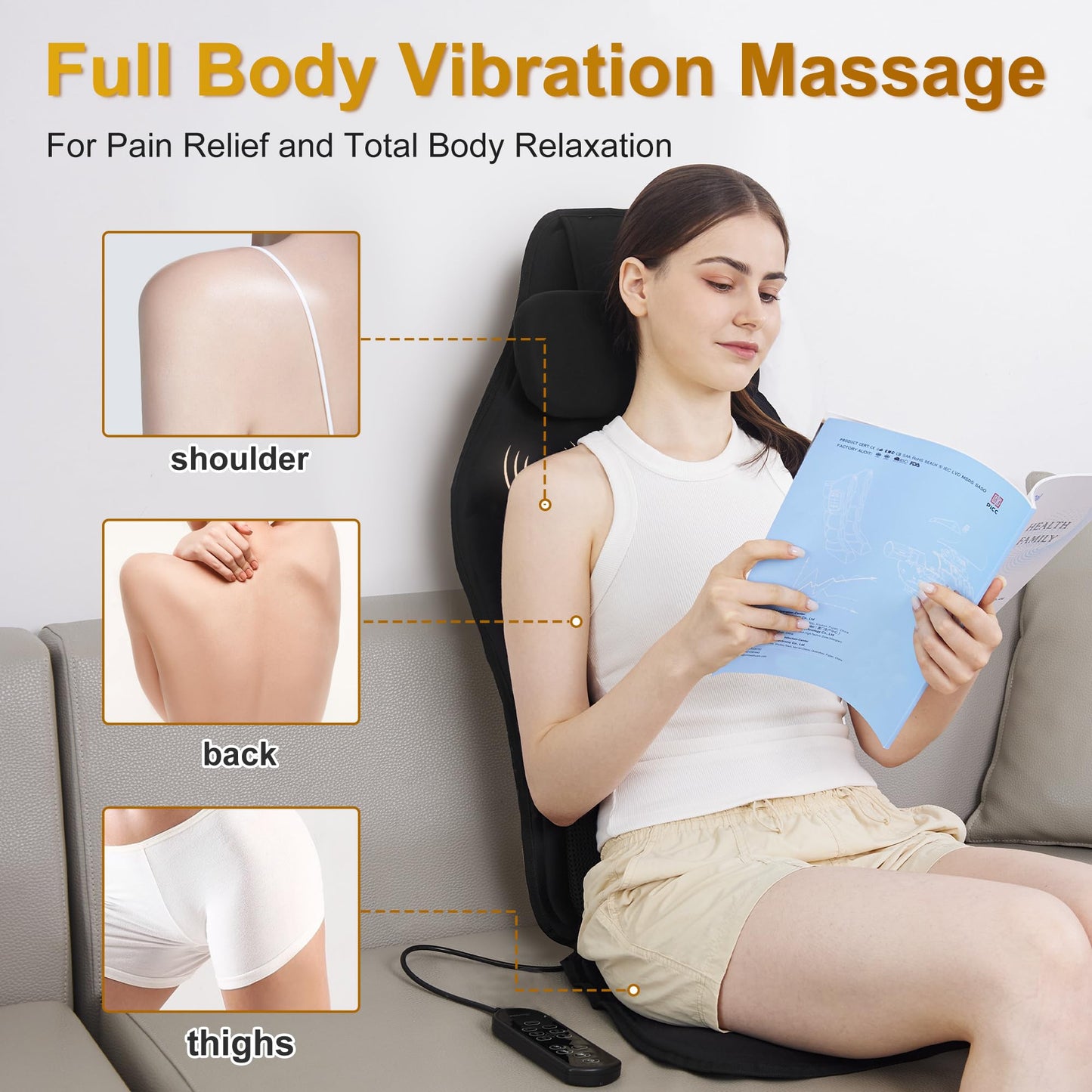 comrelax Masajeador de Espalda con Calor para aliviar el Dolor de Tejido Profundo, cojín de Asiento de masajeador de Silla portátil con Masaje de vibración, Almohadilla de Silla de Masaje de Espalda