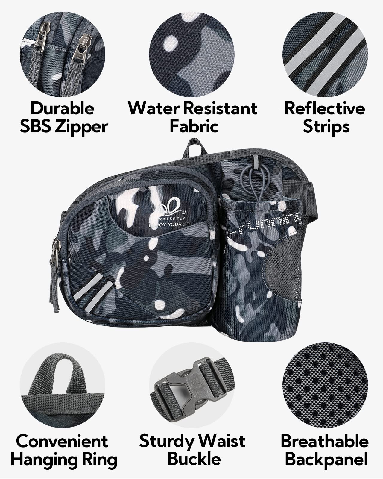 Riñonera WATERFLY Negro Deportiva con Soporte para Botellas para Mujer y Hombre