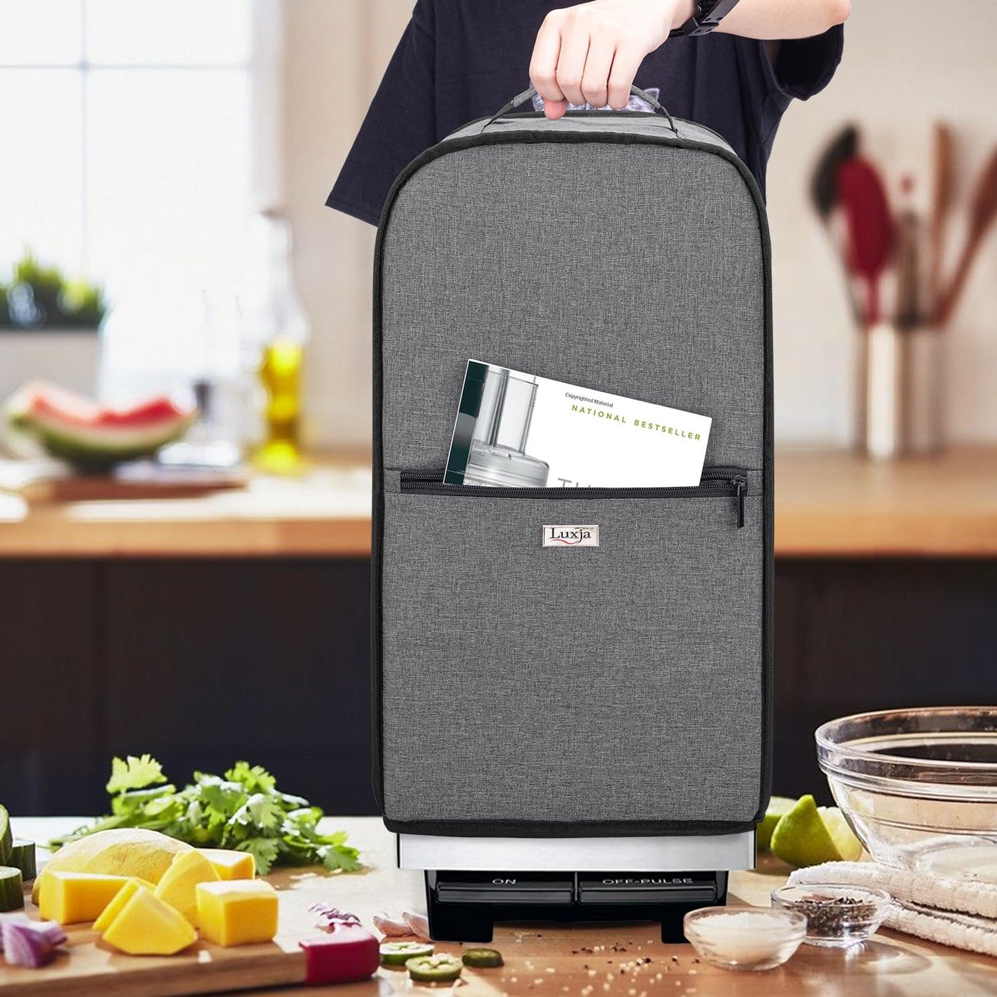 Luxja - Funda para procesador de alimentos compatible con Cuisinart y Hamilton Beach de 11 a 14 tazas, cubierta para el polvo del procesador de alimentos con bolsillos de accesorios, color gris