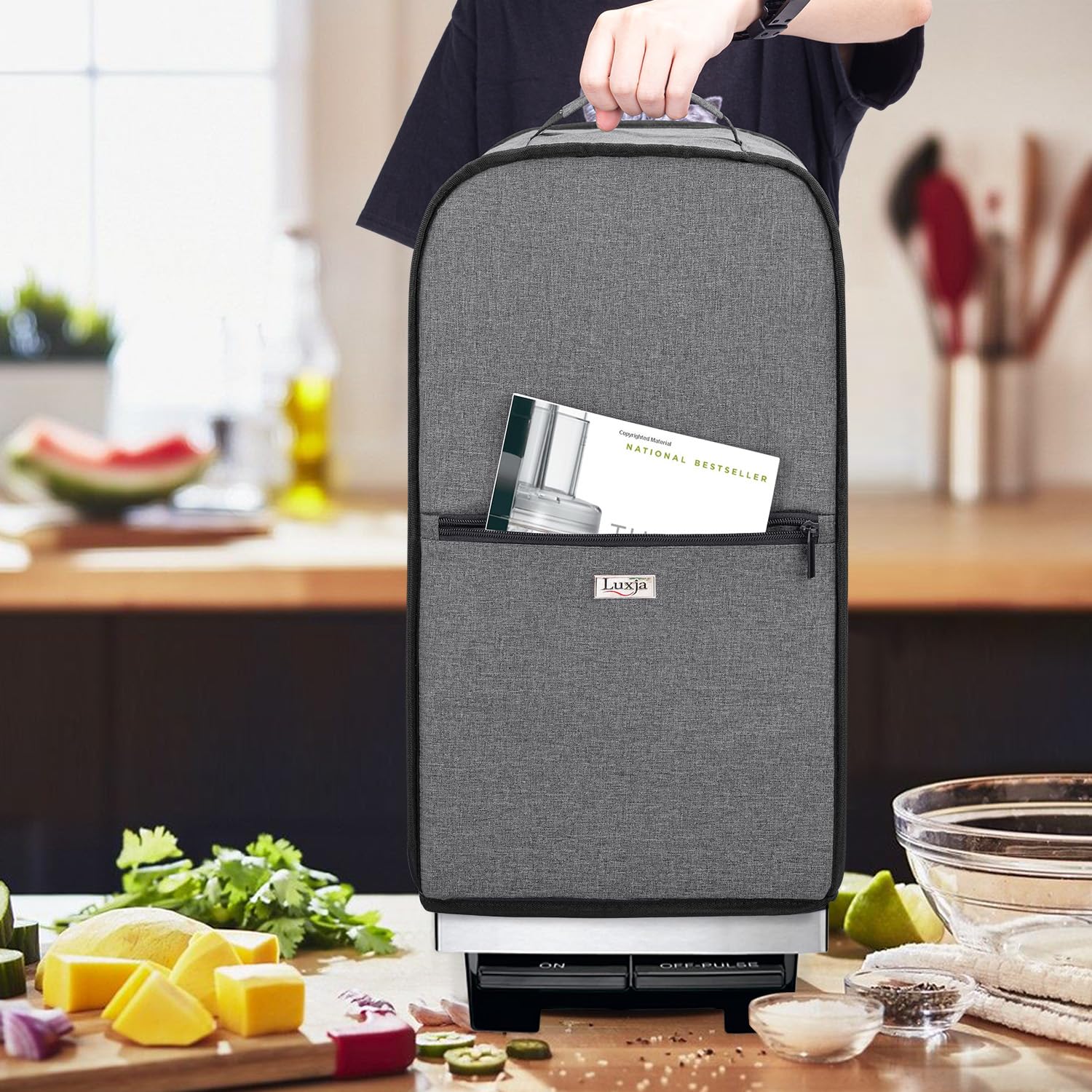 Luxja - Funda para procesador de alimentos compatible con Cuisinart y Hamilton Beach de 11 a 14 tazas, cubierta para el polvo del procesador de alimentos con bolsillos de accesorios, color gris