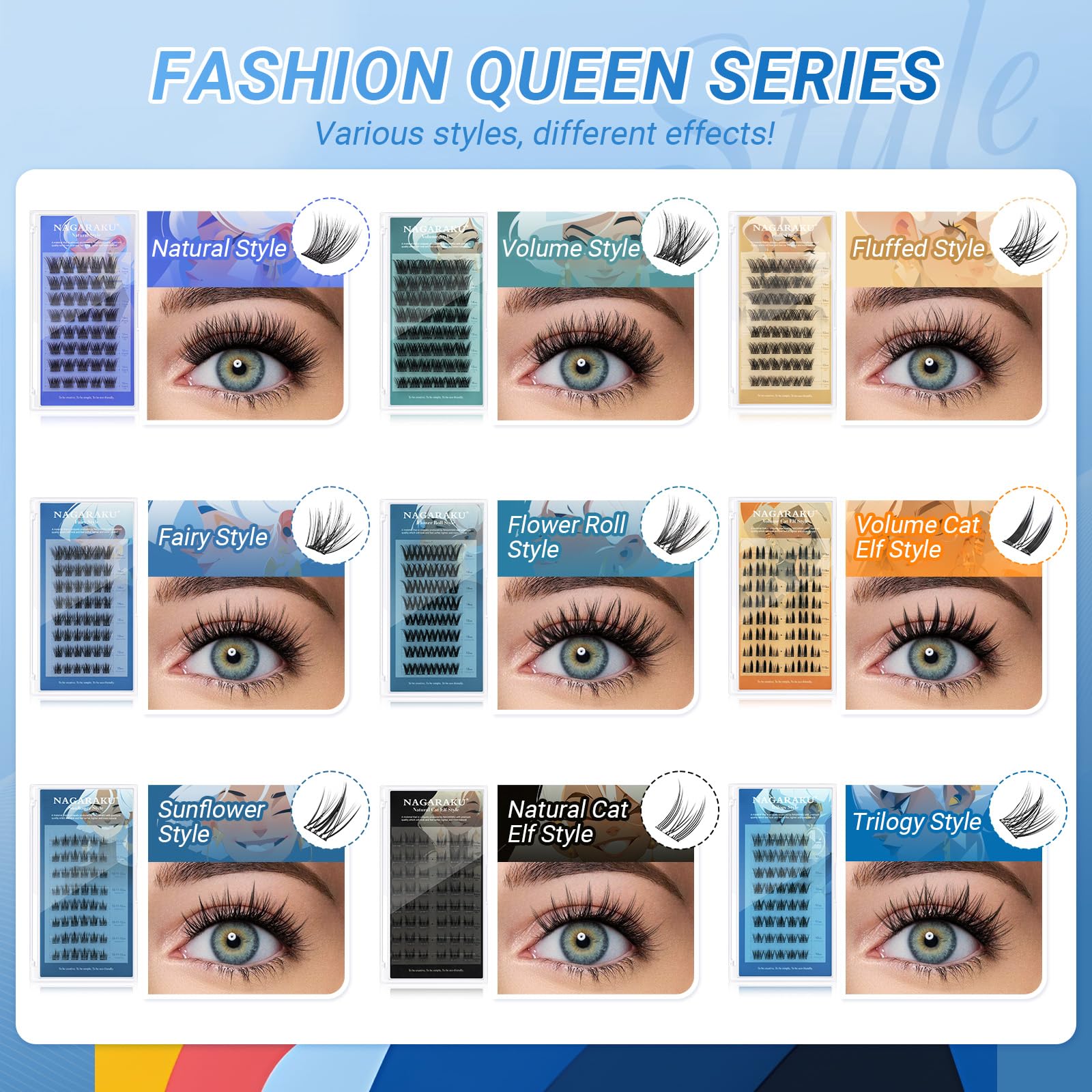 NAGARAKU Grupos De Pestañas Autoadhesivos Para 48 Pcs No Necesita Pegamento Ni Removedor Presión En Un Solo Paso Pestañas Reutilizables Prepegadas En Casa Fairy Style SA-DIY-04(0,07mm C 10-16mm)