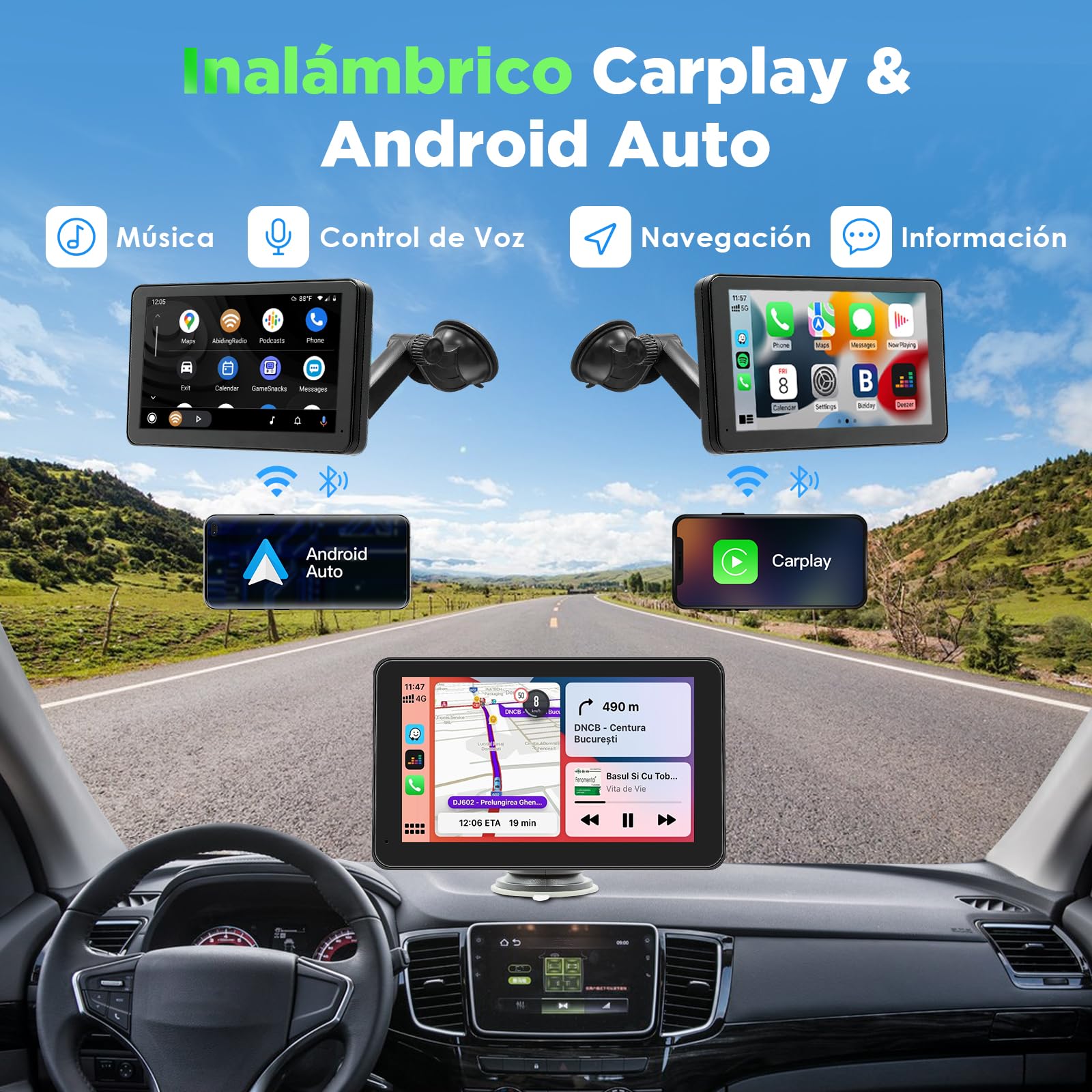 HIMICAR Autoestereo Portátil Estéreo con Inalámbrico Apple Carplay & Android Auto/Mirror Link, 7 Pulgadas IPS HD Pantalla Completa Táctil, Control de Voz, FM, Bluetooth, AUX, TF + Cámara Trasera