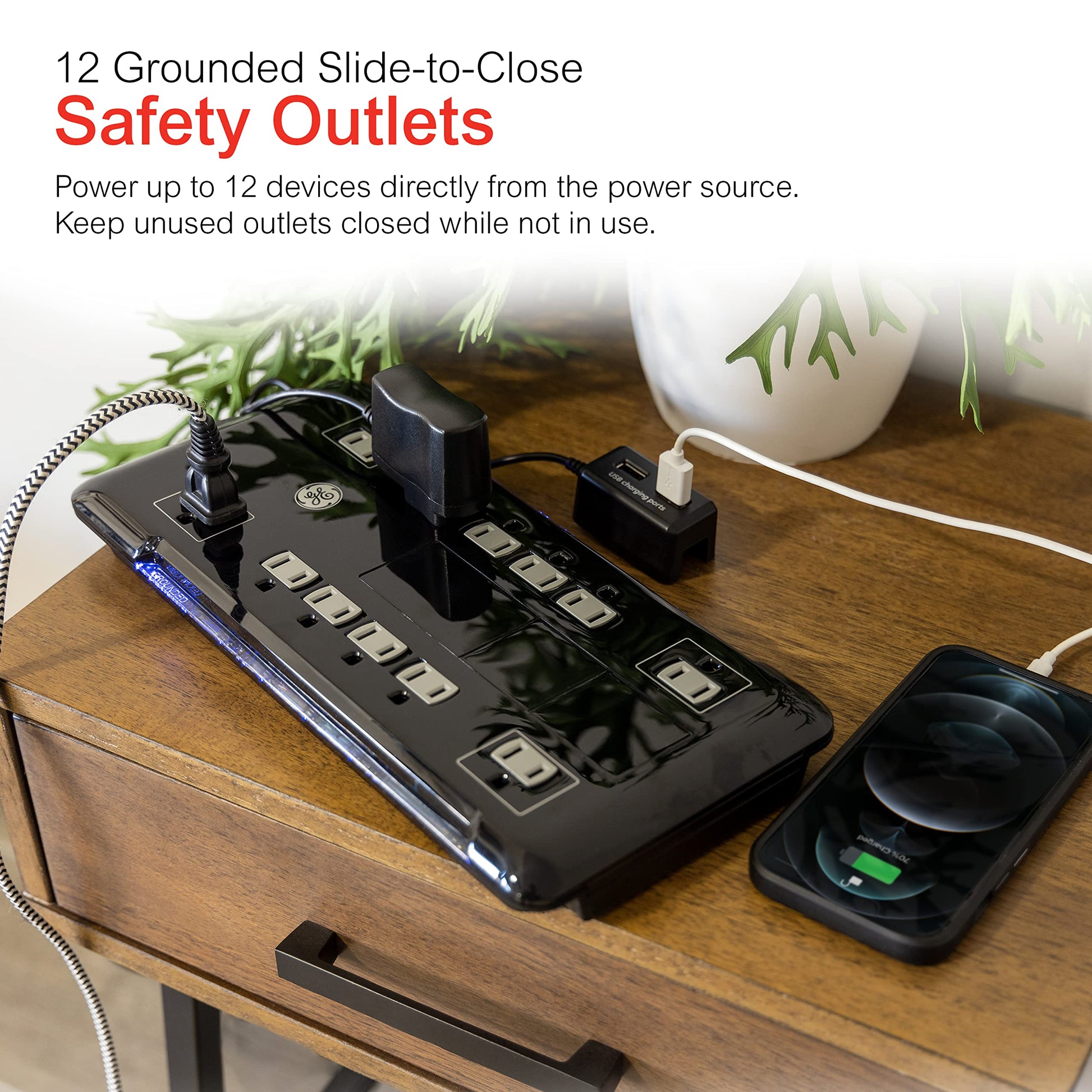 GE Protector de sobretensión UltraPro de 12 Salidas, 2 Puertos USB conectados, Cable de alimentación de 8 pies, 4320 Julios, Filtro de Potencia, disyuntor, garantía, listado UL, 11824