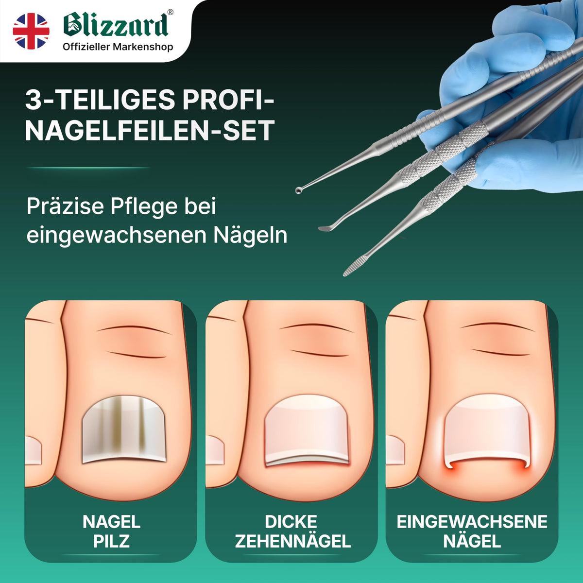 Blizzard Kit Pedicura Profesional 3 Piezas - Herramientas para Uñas Encarnadas y Delicadas - Utensilios de Acero Inoxidable Podología Lima Metálica Sonda Elevador Limpiador Cuidado de Pies Premium