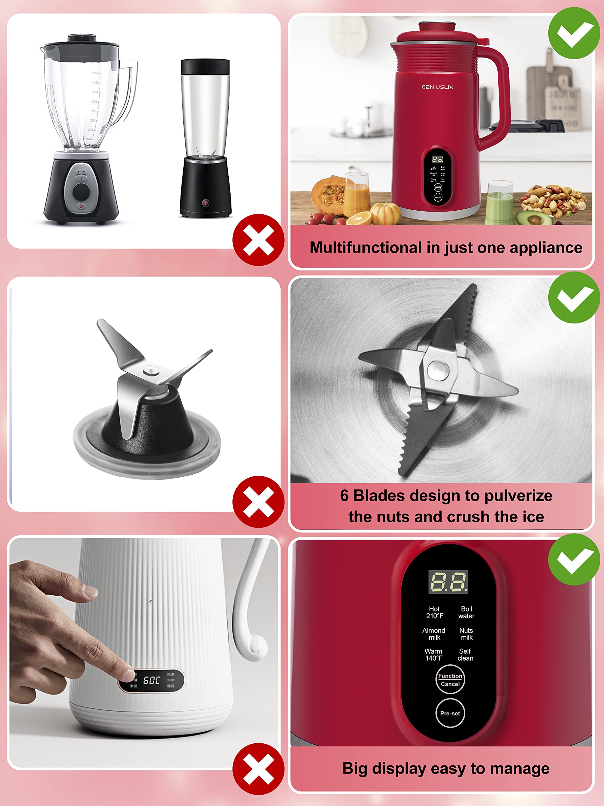 GENIUSLIX Máquina automática para hacer leche de nueces para leche casera a base de plantas con limpieza automática y control de temperatura, máquina de leche de soja, avena, coco, anacardo, almendra