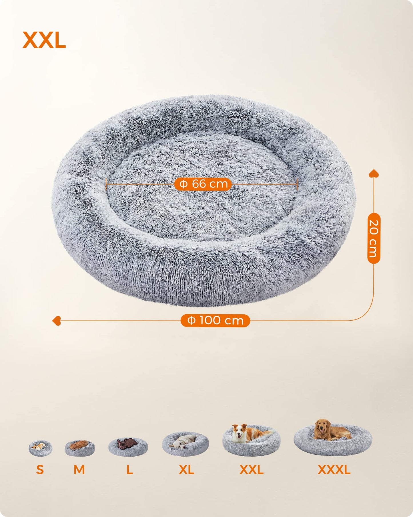Feandrea Cama de Perros, Cama para Mascotas, Diámetro de 100 cm, Cojín Central Extraíble y Lavable, Alfombra de Felpa, Gris Ombré MPGW042G01