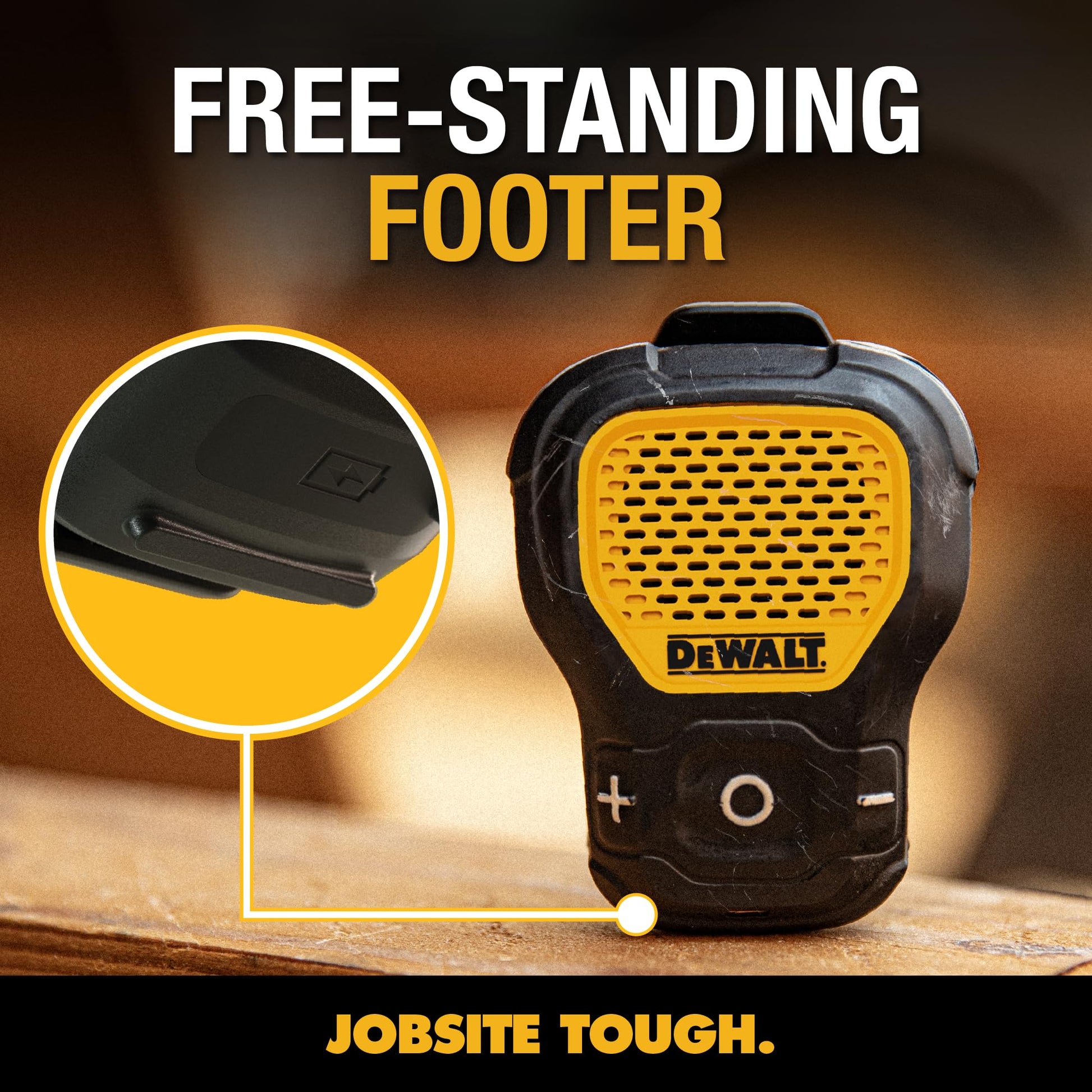 DEWALT - Bocina portátil inalámbrica Bluetooth (versión actualizada) con clip Jobsite Pro, resistente al agua, no magnético, micrófono incorporado para música y llamadas con manos libres