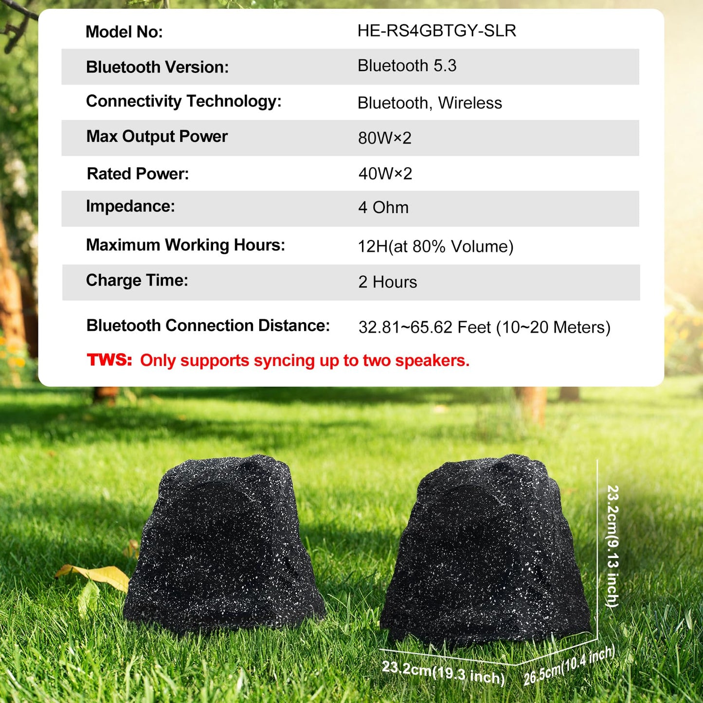 Herdio - Bocinas de roca Bluetooth de 4" para exteriores, resistentes al agua IPX7, inalámbricas, energía solar, máx. 160 vatios, conexión TWS, alimentadas con batería recargable para jardín, terraza