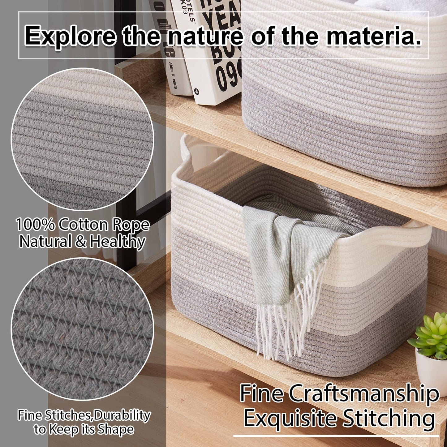 OIAHOMY Cesta de almacenamiento, cestas tejidas para almacenamiento, cesta de cuerda de algodón para juguetes, cestas de toalla para baño, paquete de 3, gris degradado