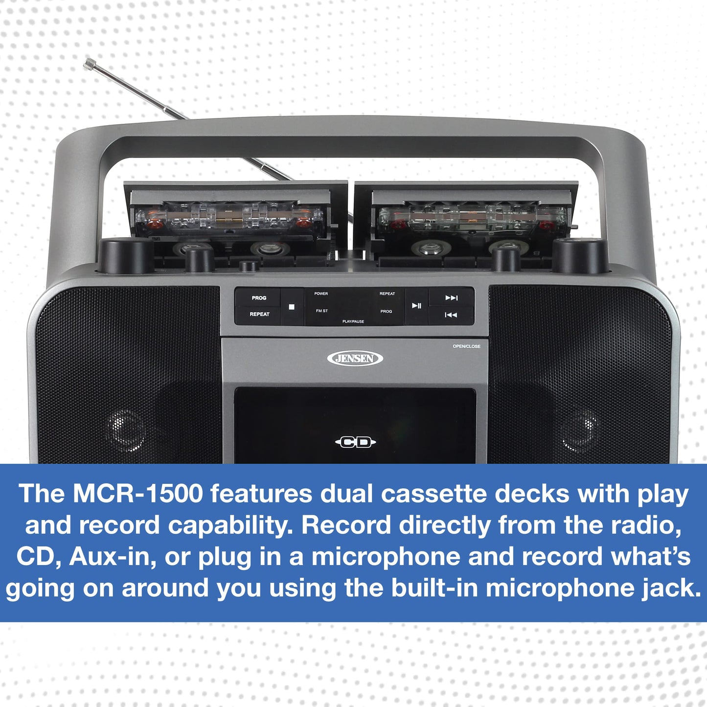 Jensen MCR-1500 Reproductor de CD y Casetes Portátil con Radio AM/FM, Estéreo, Gris, Compatible con CD y MP3, Conectividad Auxiliar y Auricular