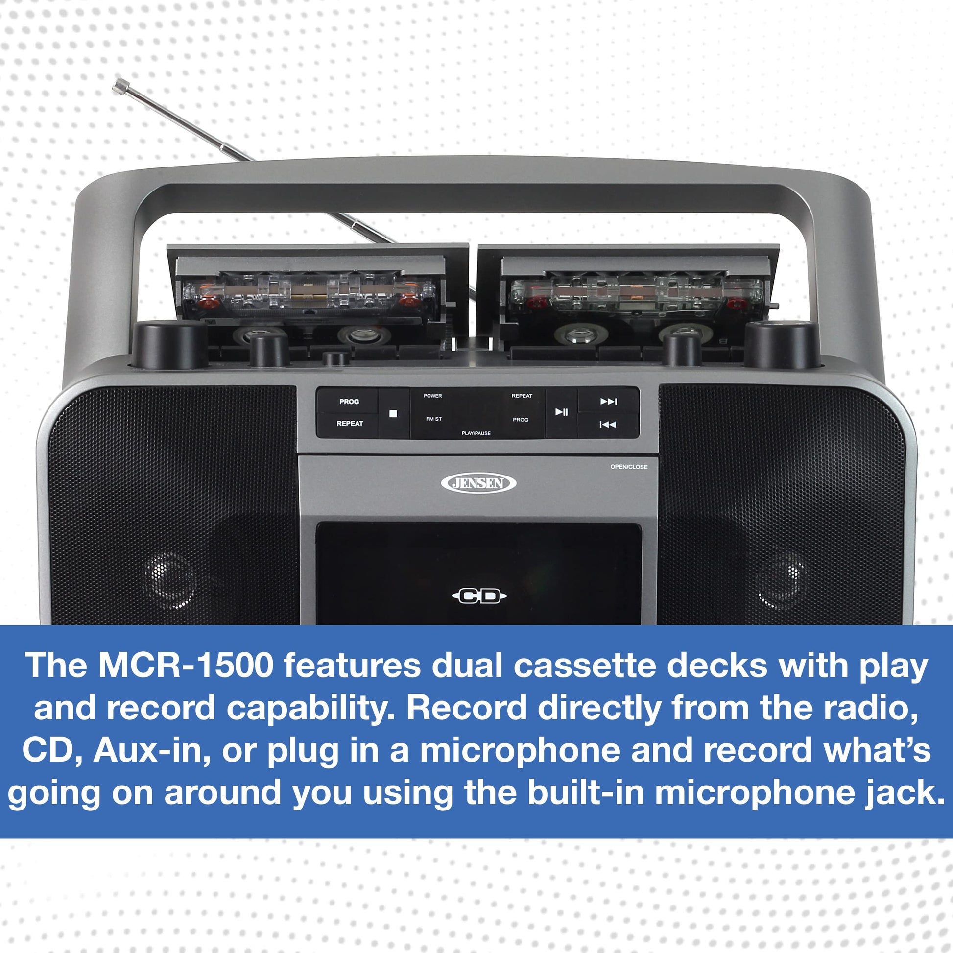 Jensen MCR-1500 Reproductor de CD y Casetes Portátil con Radio AM/FM, Estéreo, Gris, Compatible con CD y MP3, Conectividad Auxiliar y Auricular