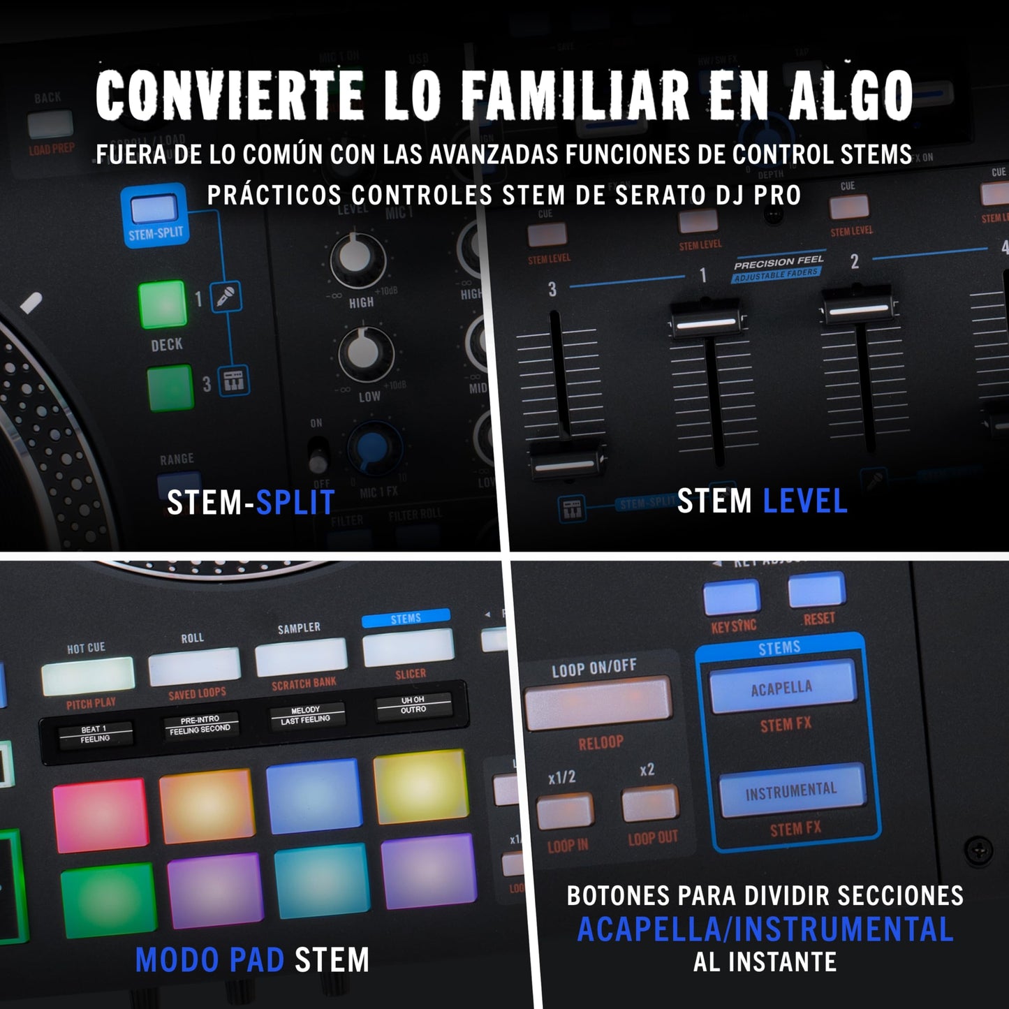 Controlador DJ Rane Performer Negro Motorizado 4 Canales con Platos 7" Displays Faders Precision Feel Stems FX Avanzado Serato DJ Pro