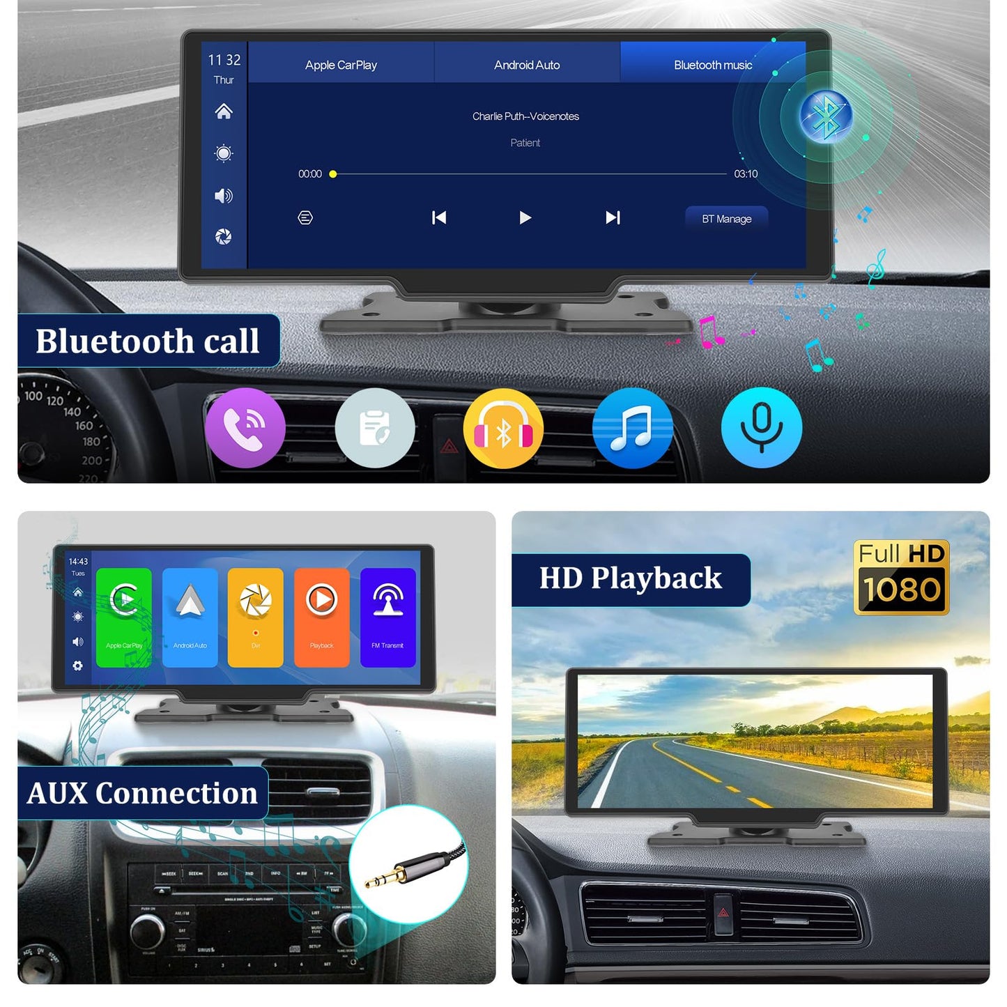 Carplay - visualización estéreo de 10.3 pulgadas HD inalámbrica portátil para coche Buddy con visualización táctil, reproducción de coche y transmisión automática de Android FM Bluetooth para