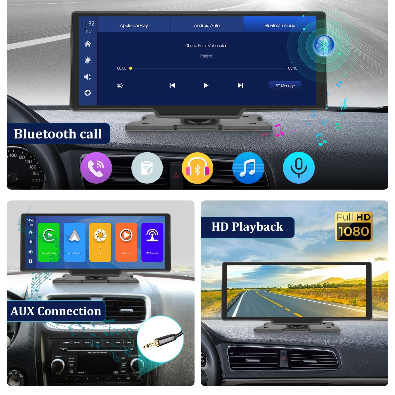Carplay - visualización estéreo de 10.3 pulgadas HD inalámbrica portátil para coche Buddy con visualización táctil, reproducción de coche y transmisión automática de Android FM Bluetooth para