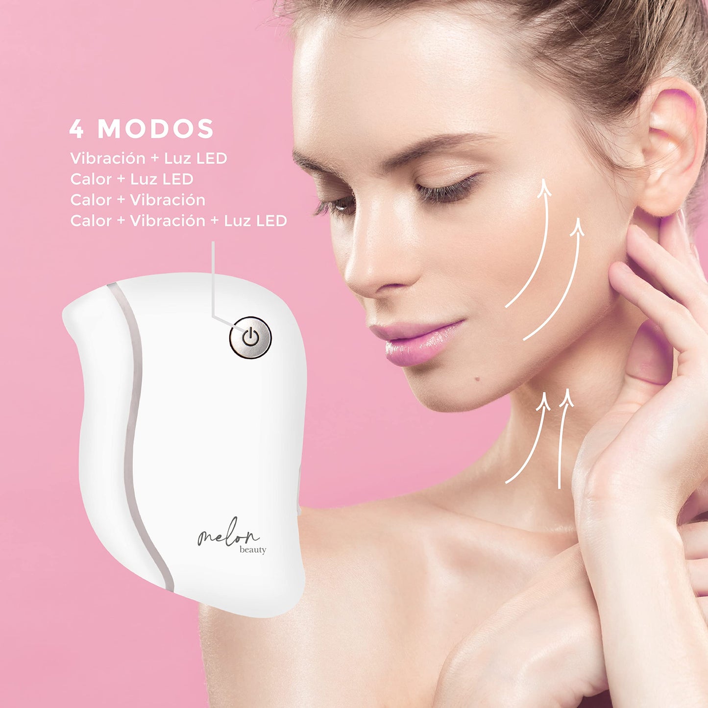 LED Guasha Melon Beauty - Dispositivo antiedad facial con luz led, calor y vibración. Da un efecto lifting, disminuye líneas, arrugas y tonifica tu rostro. Incluye Serum de Bakuichol el nuevo retinol vegano. Color ROSA