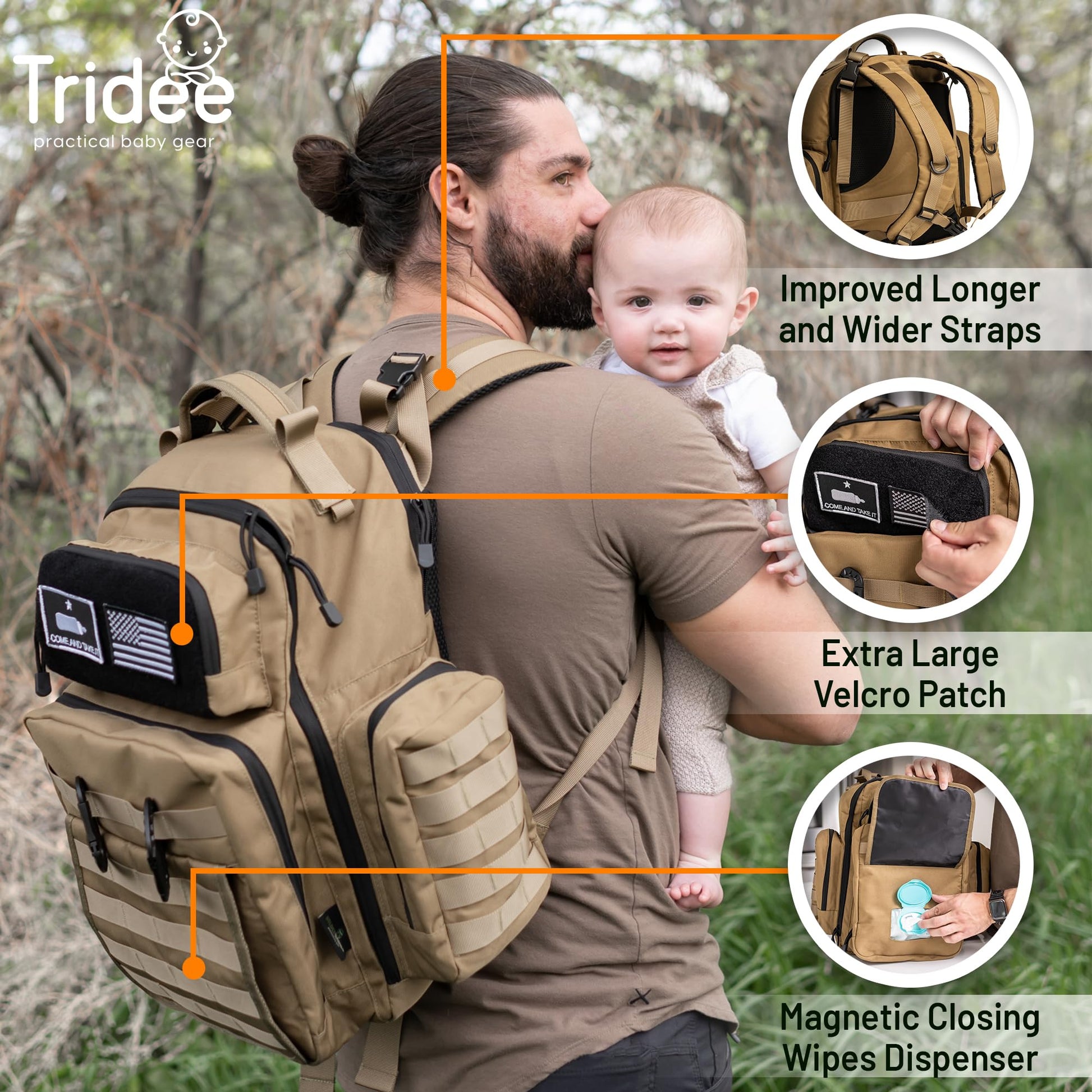Bolder Babies Bolsa de pañales Tan Dad, estilo Molle, poliéster resistente al agua 900D con correas extra largas más anchas,dispensador de toallitas de bebé y bolsillos aislados Beige Bronceado