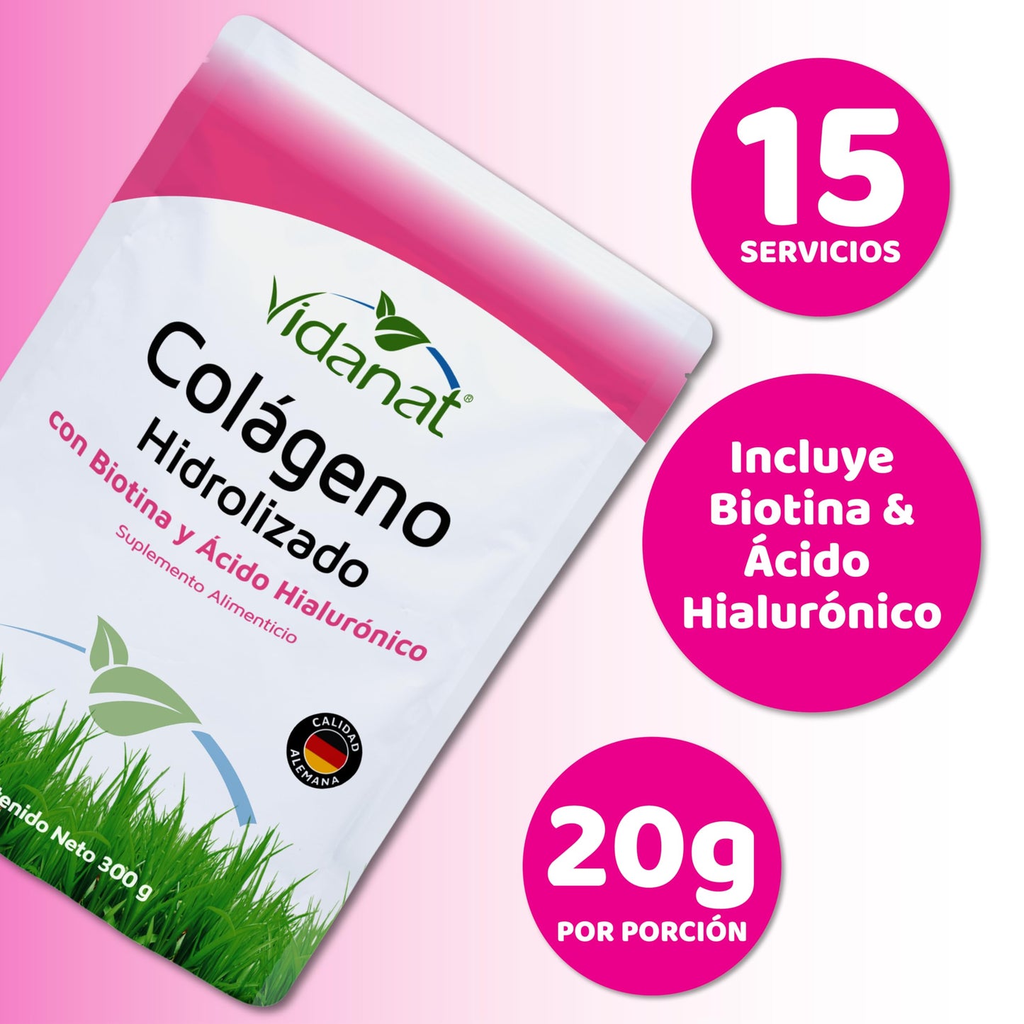 Vidanat Colágeno Hidrolizado Puro Con Biotina Y Ácido Hialurónico - 300 G