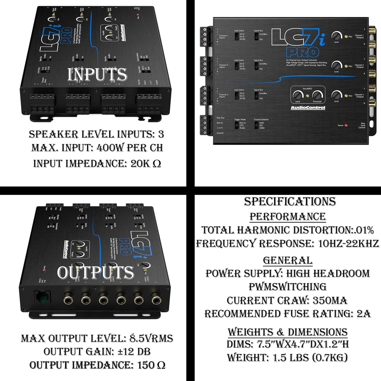 AccuBASS - Kit convertidor de salida de línea de 6 Ch, procesador LC7iPro y cables RCA sin oxígeno de 3 pies