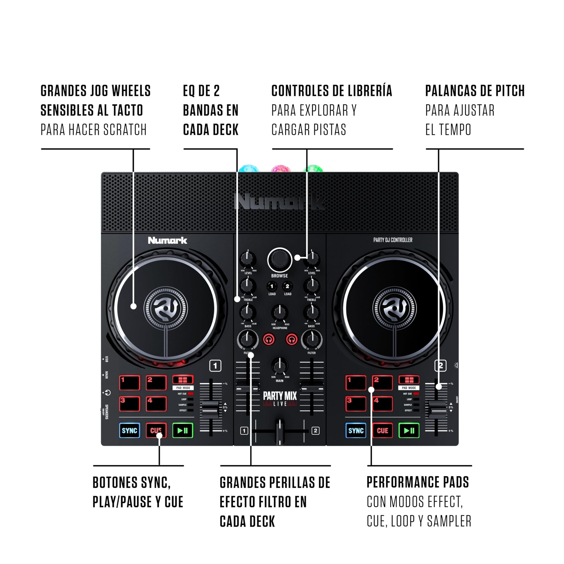 Controlador DJ Numark Party Mix Live Luces Integradas y Altavoces para Serato DJ Lite y Algoriddim djay Pro AI