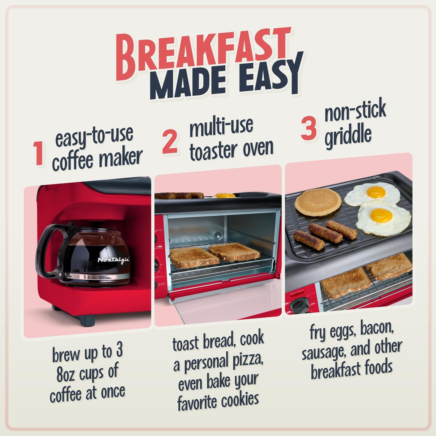NOSTALGIA BST3RR Retro 3-in-1 Family Size Breakfast Station, Red