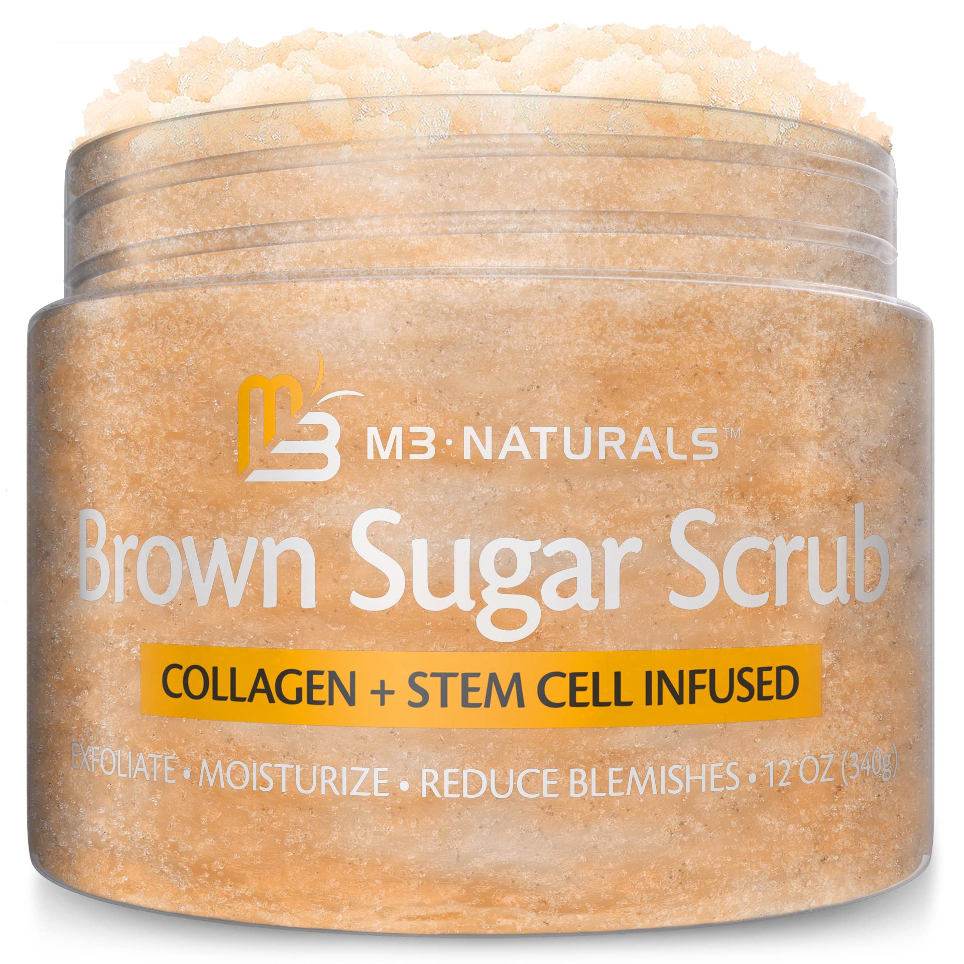 M3 Naturals Exfoliante Corporal De Azúcar Marrón Con Colágeno Y Células Madre - 12 Onzas