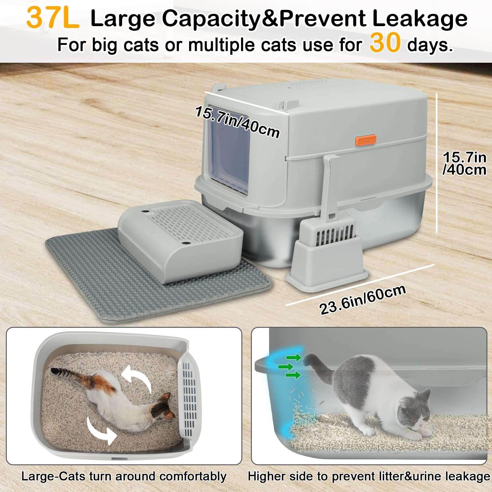 GOYJOY - Caja de Arena para Gatos Acero Inoxidable con Tapa Metal Cerrada XL extraíble Cubierta