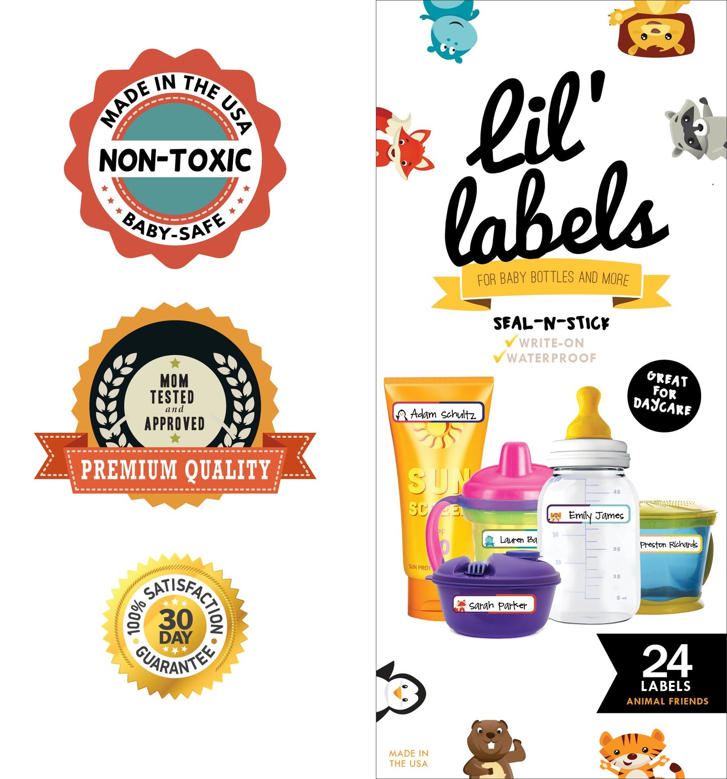 Lil' Labels Bottle Labels, Write-On Name, Self-Laminating, Waterproof, Baby Bottle Label for Daycare, Plus 2 Bonus Gifts, Animal Friends, Set of 2