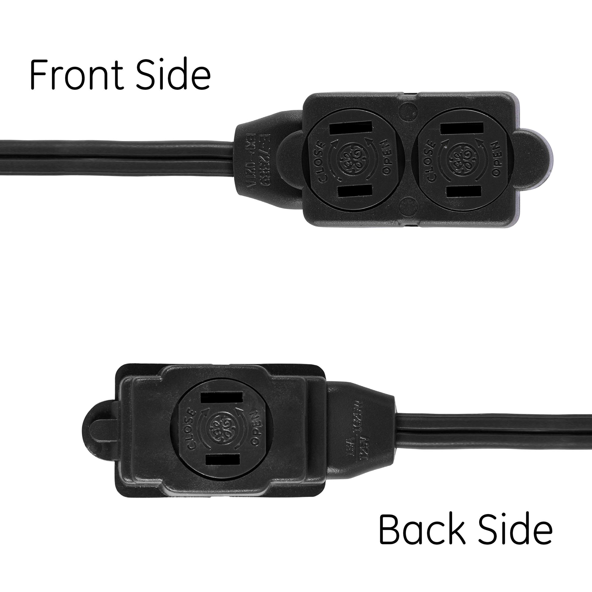 GE 45148 - Cable de extensión de 3 tomacorrientes con múltiples tomacorrientes de 6 pies, 2 clavijas, calibre 16, fundas de seguridad de giro para cerrar, extensor para interiores con certificación UL